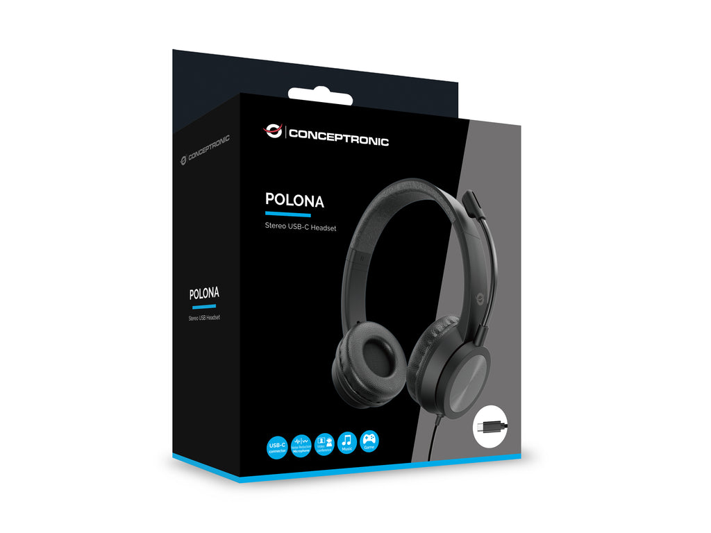 Conceptronic POLONA05BC Casque Filaire USB Type-C pour Bureau et Centre d'Appels, Noir