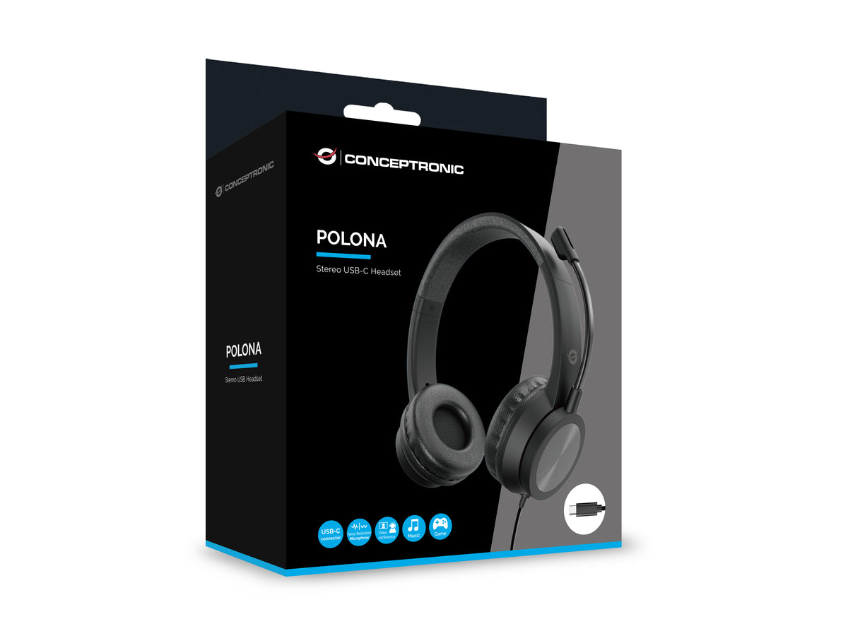 Conceptronic POLONA05BC Casque Filaire USB Type-C pour Bureau et Centre d'Appels, Noir