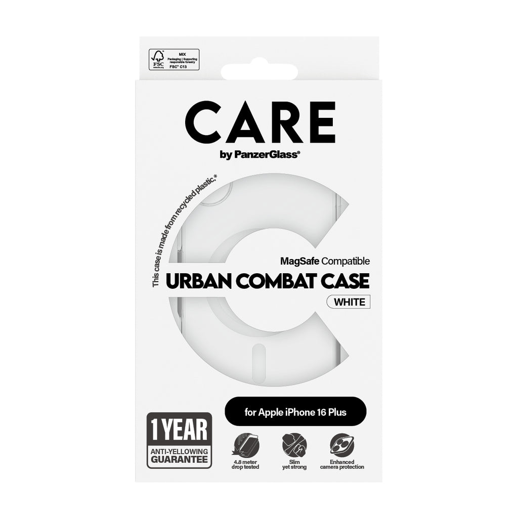 PanzerGlass CARE™ by ® Urban Combat Case Transparent w. White MagSafe iPhone 16 Plus coque de protection pour téléphones portables Housse