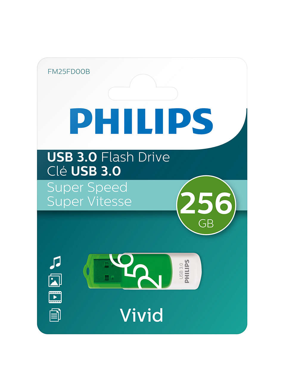Philips Philips FM25FD00B/00 lecteur USB flash 256 Go USB Type-A 3.2 Gen 1 (3.1 Gen 1) Vert, Blanc