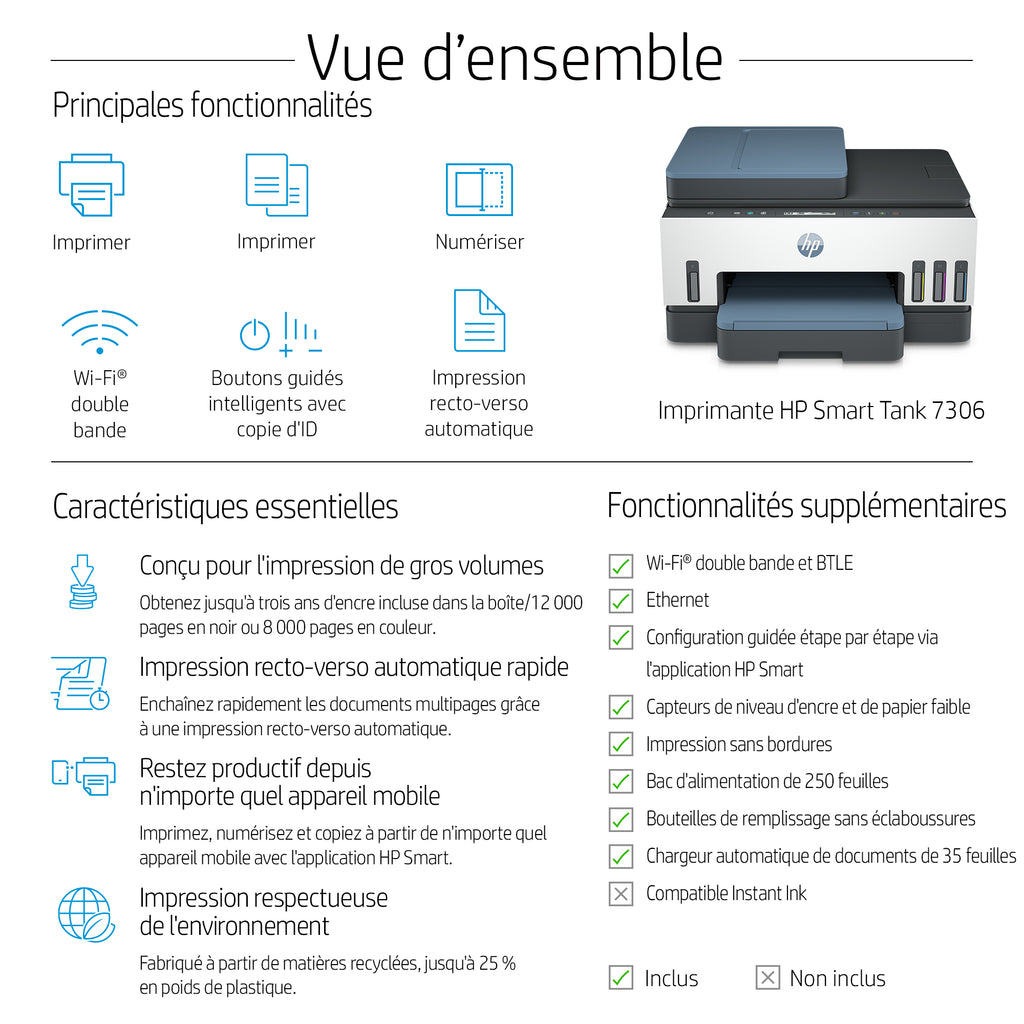 HP Smart Tank 7306 Imprimante Multifonction Couleur Sans Fil, Recto-Verso, Copieur et Scanner