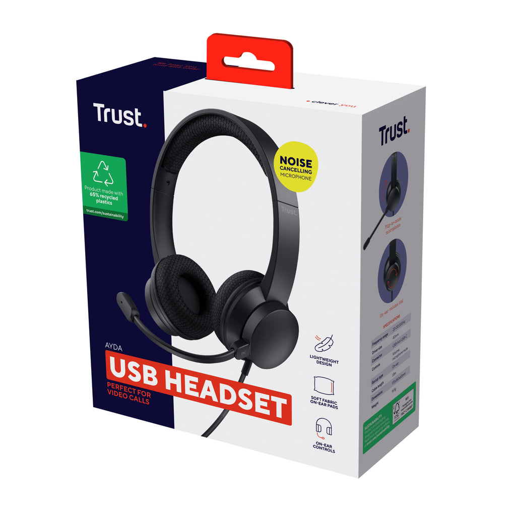 Trust Ayda Casque Filaire avec Arceau, Microphone Antibruit ENC, USB Type-A, Noir