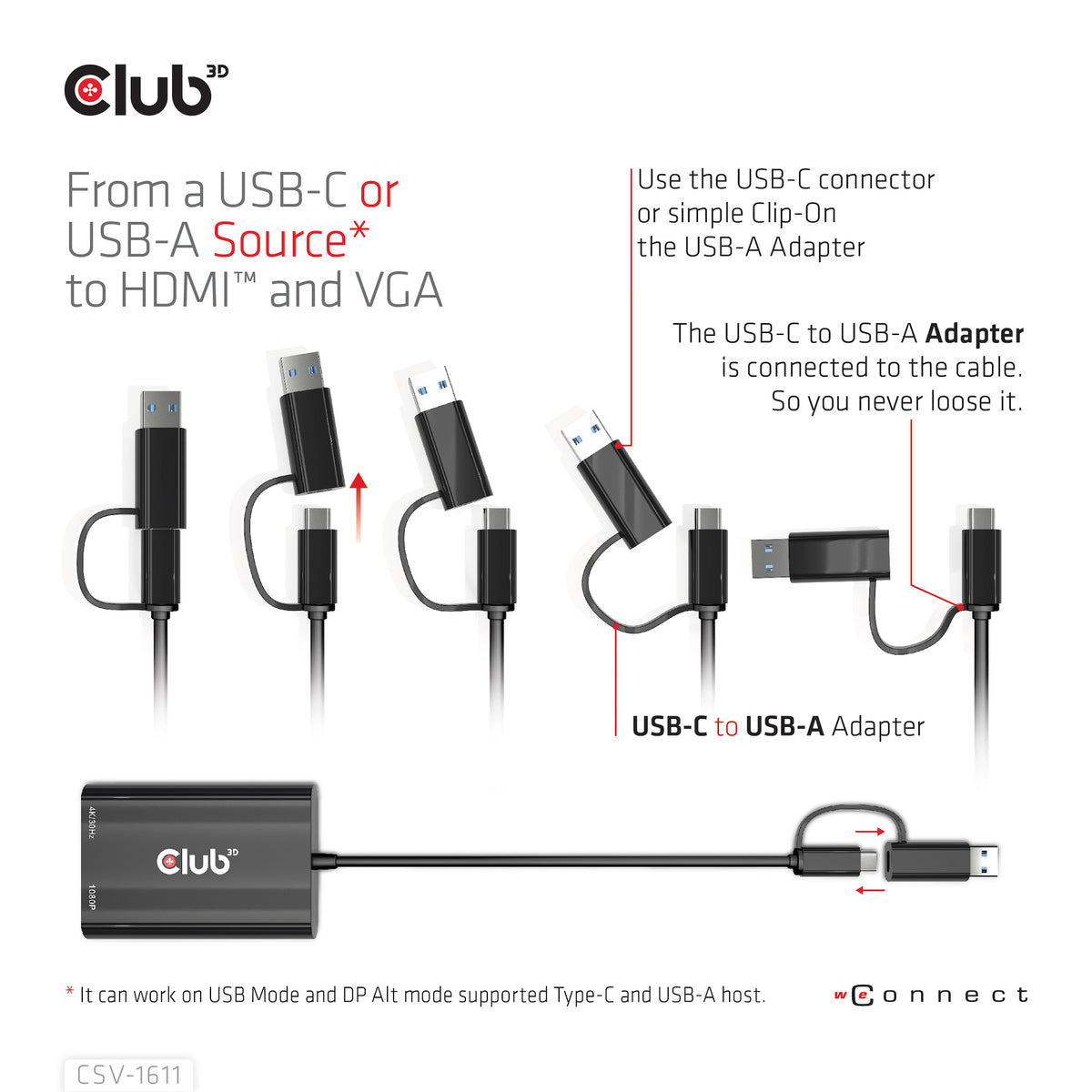 CLUB3D CSV-1611 Adaptateur Graphique USB 4K 3840 x 2160 pixels, Noir