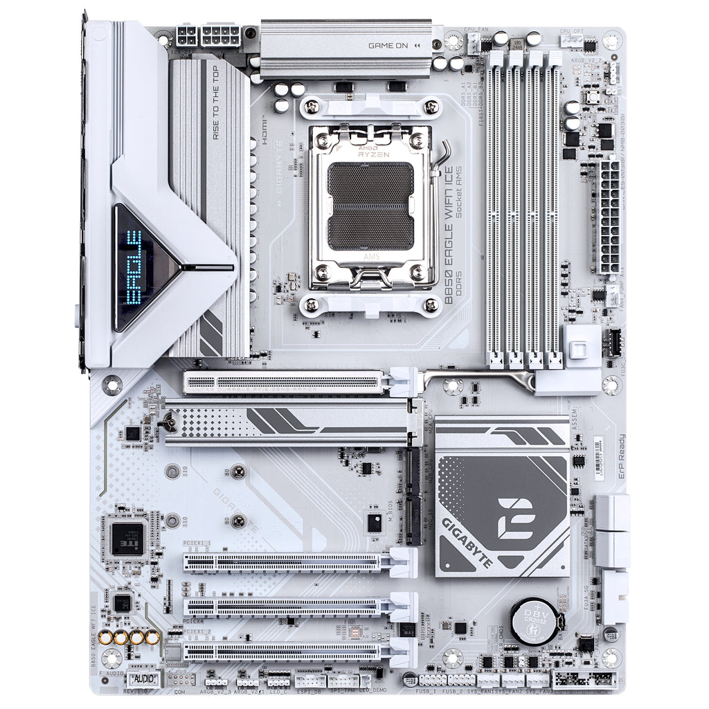 GIGABYTE B850 EAGLE WIFI7 ICE Carte mère - Processeurs AMD Ryzen série 9000, VRM numérique 8+2+2 phases, jusqu'à 8200 MHz DDR5 (O.C.), 1x M.2 PCIe 5.0 + 2x M.2 PCIe 4.0, Wi-Fi 7, LAN 2.5 GbE, USB 3.2 Gen 2