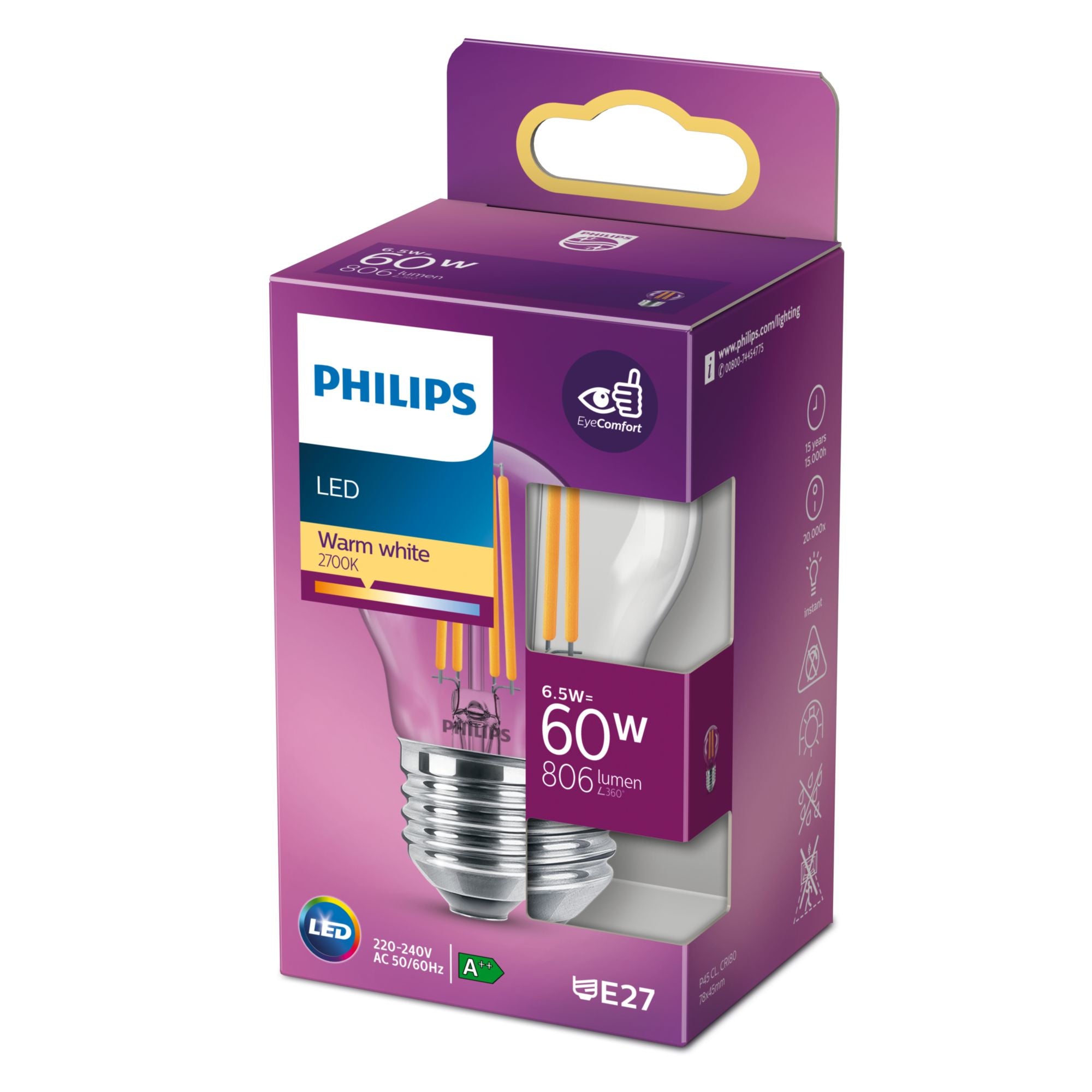 Philips Ampoule flamme transparente à filament 60W P45 E27