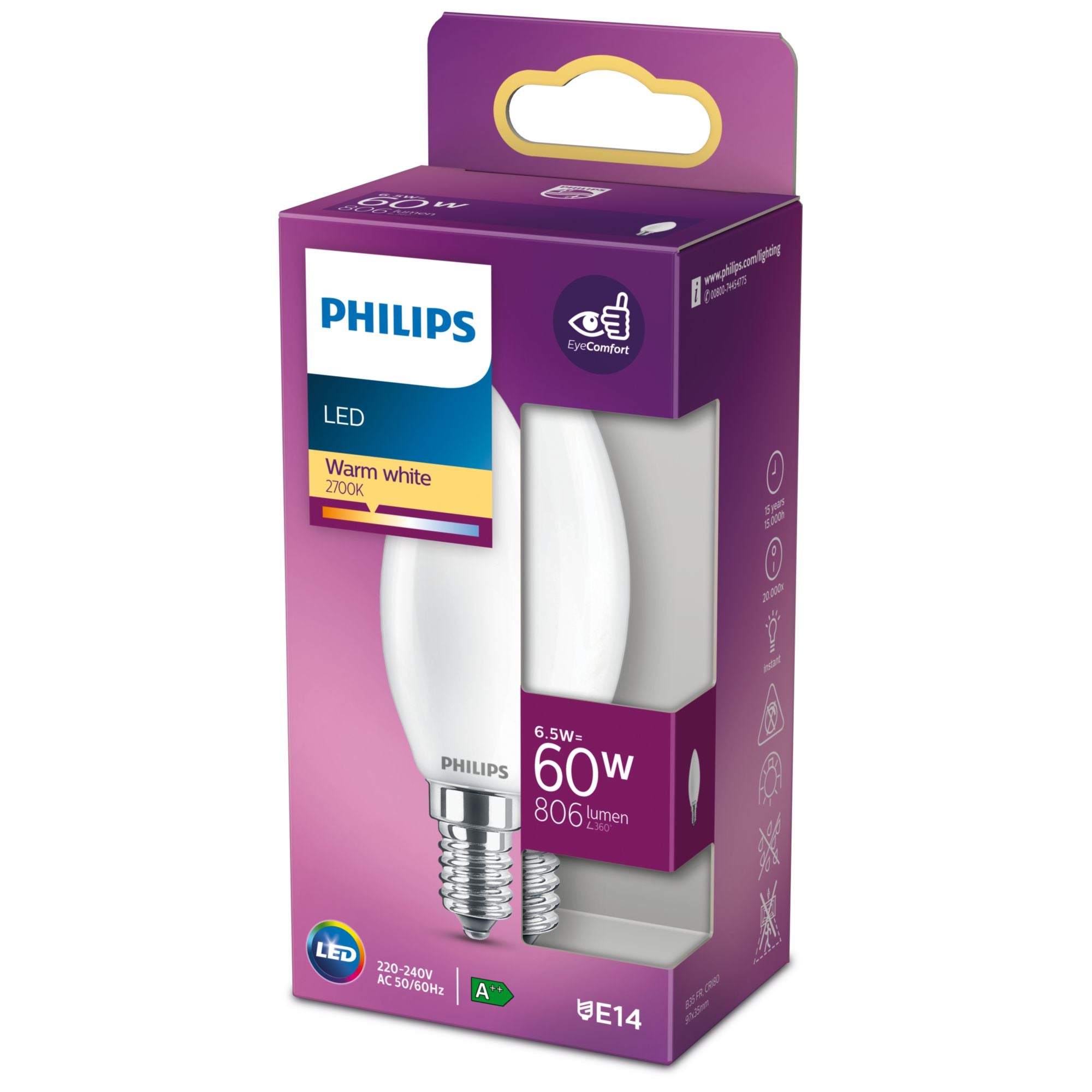 Philips Ampoule flamme dépolie à filament 60 W B35 E14