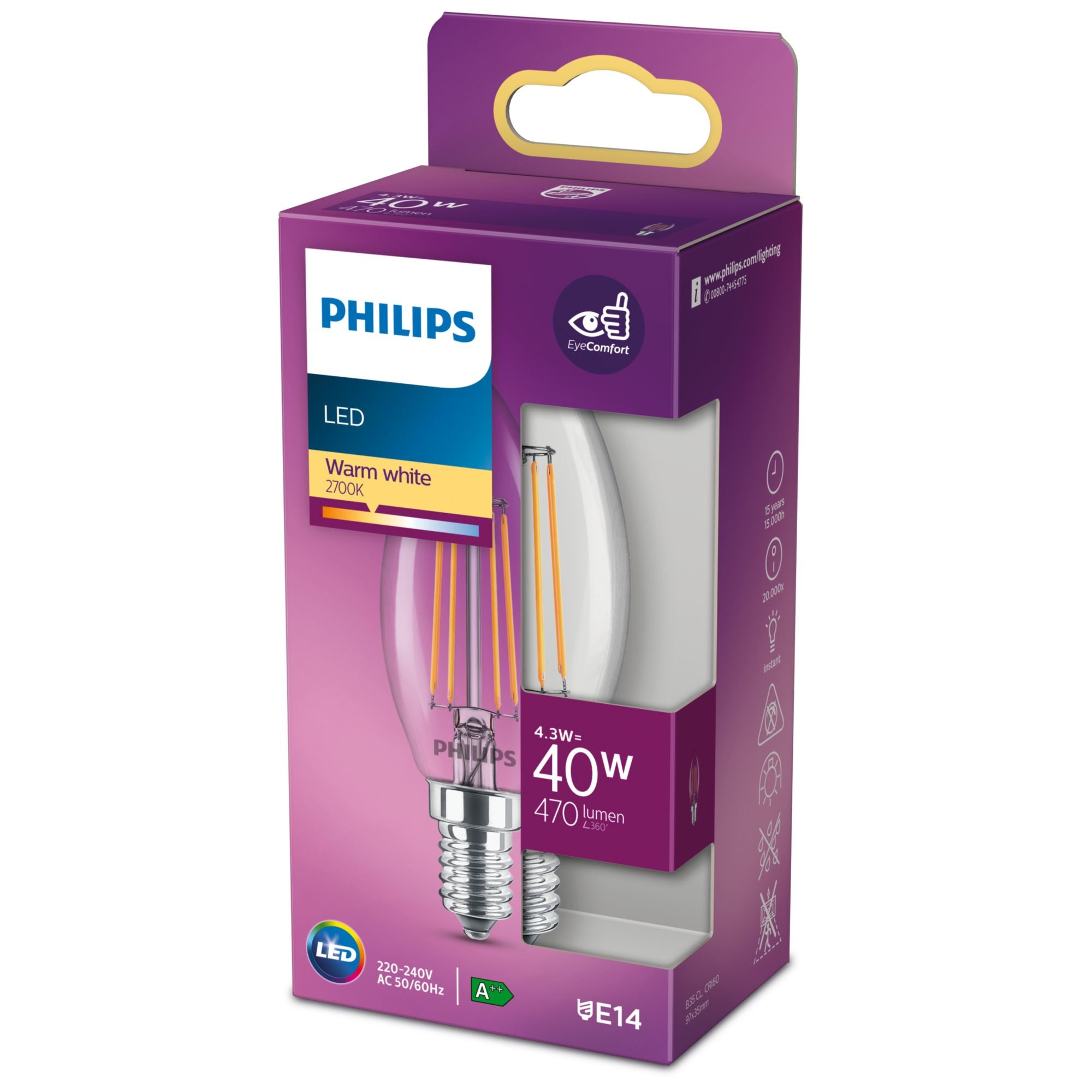 Philips Ampoule flamme transparente à filament 40W B35 E14