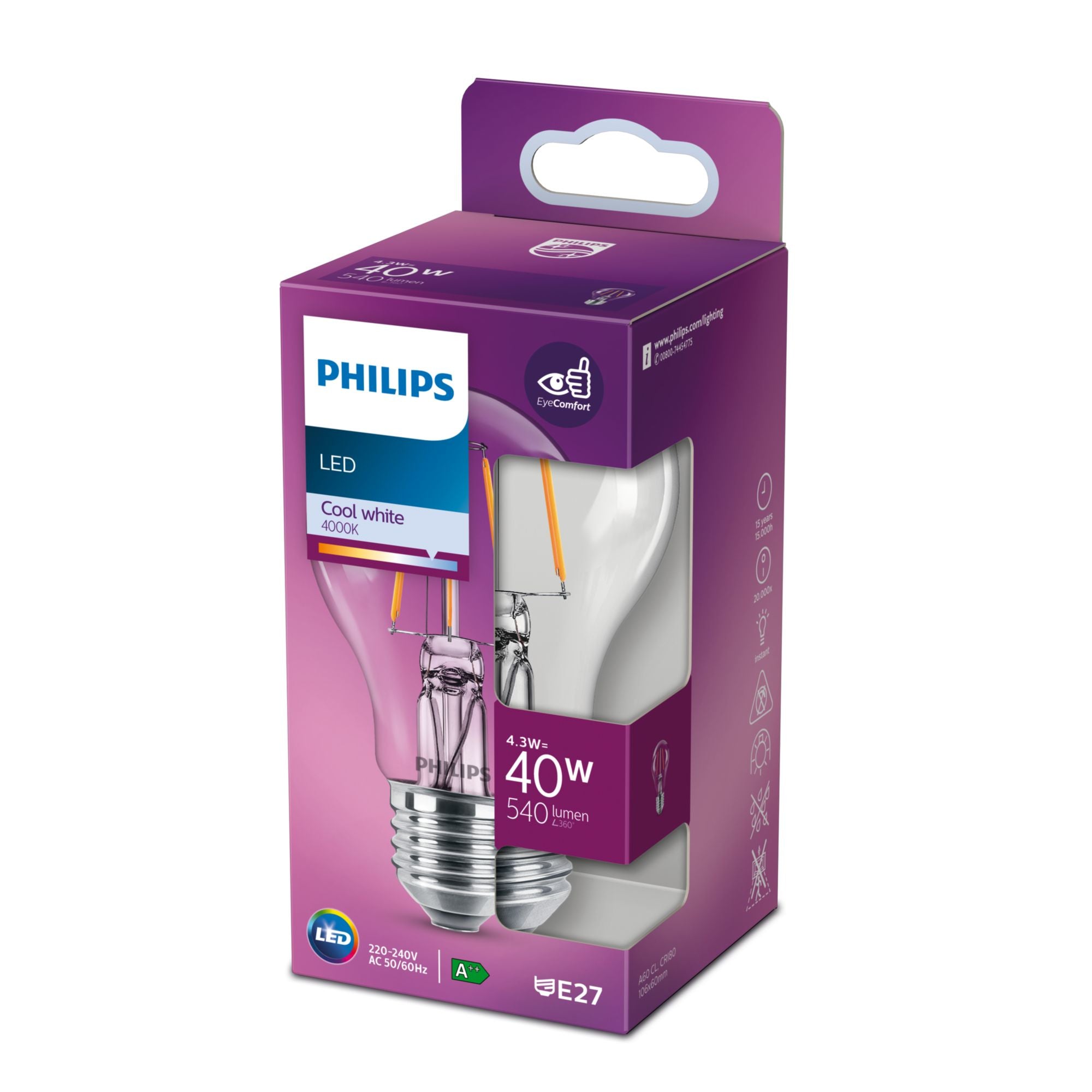 Philips Ampoule à filament transparente 40 W A60 E27