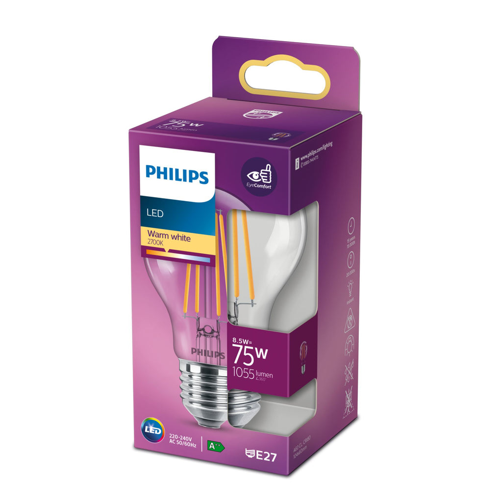 Philips Ampoule transparente à filament 75 W A60 E27