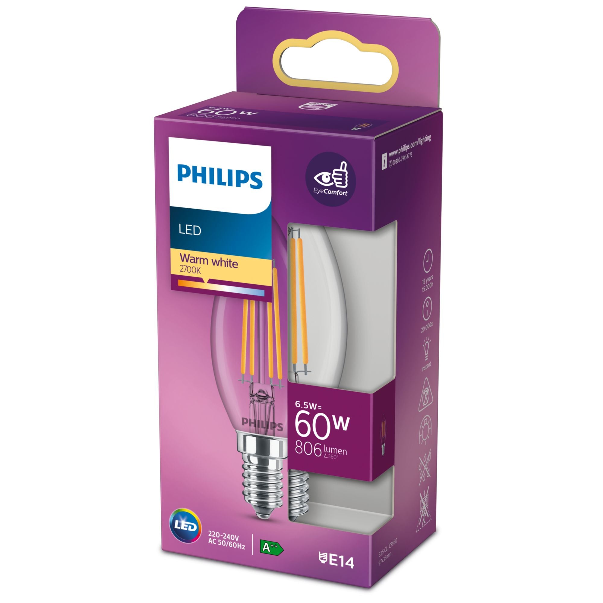 Philips Ampoule flamme transparente à filament 60W B35 E14