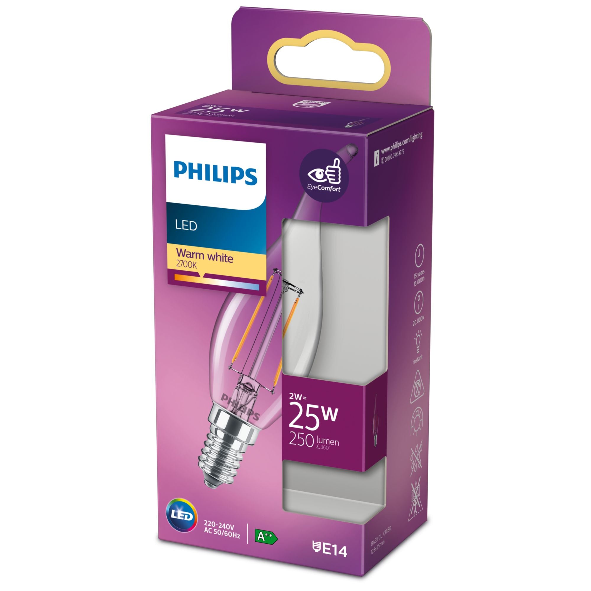 Philips Ampoule flamme transparente à filament 25W BA35 E14