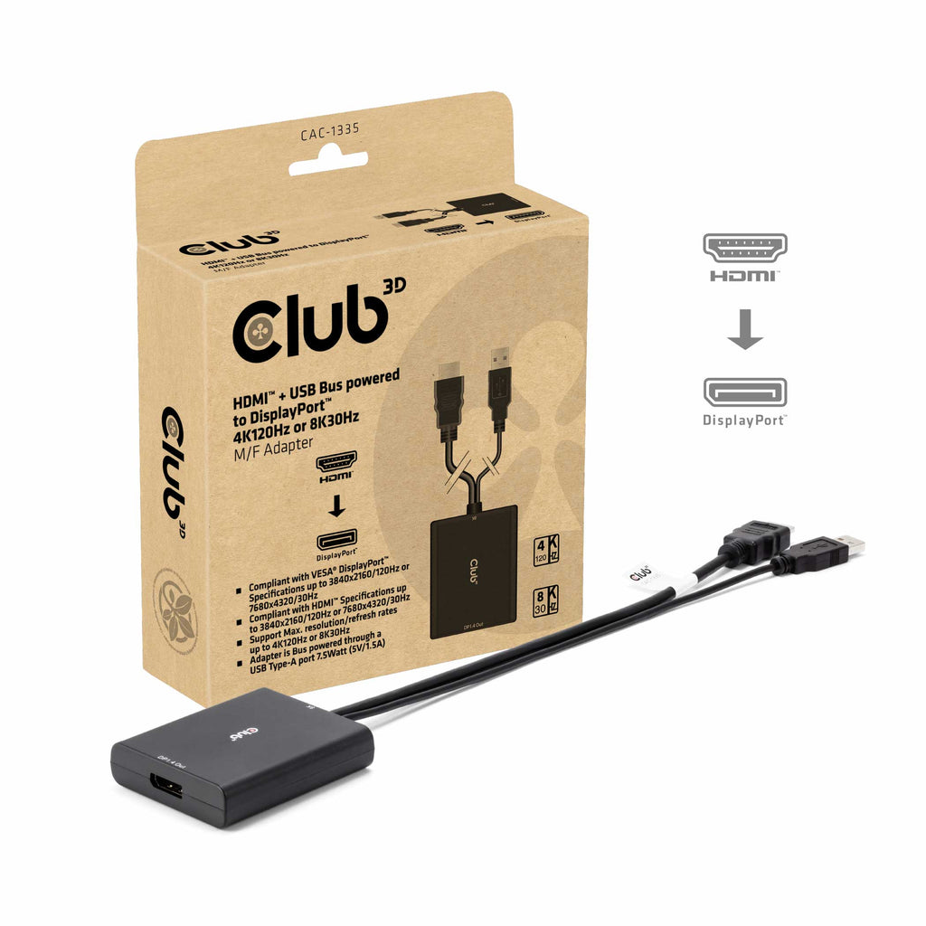 CLUB3D CAC-1335 Câble Adaptateur HDMI + USB vers DisplayPort, Noir, 1 m