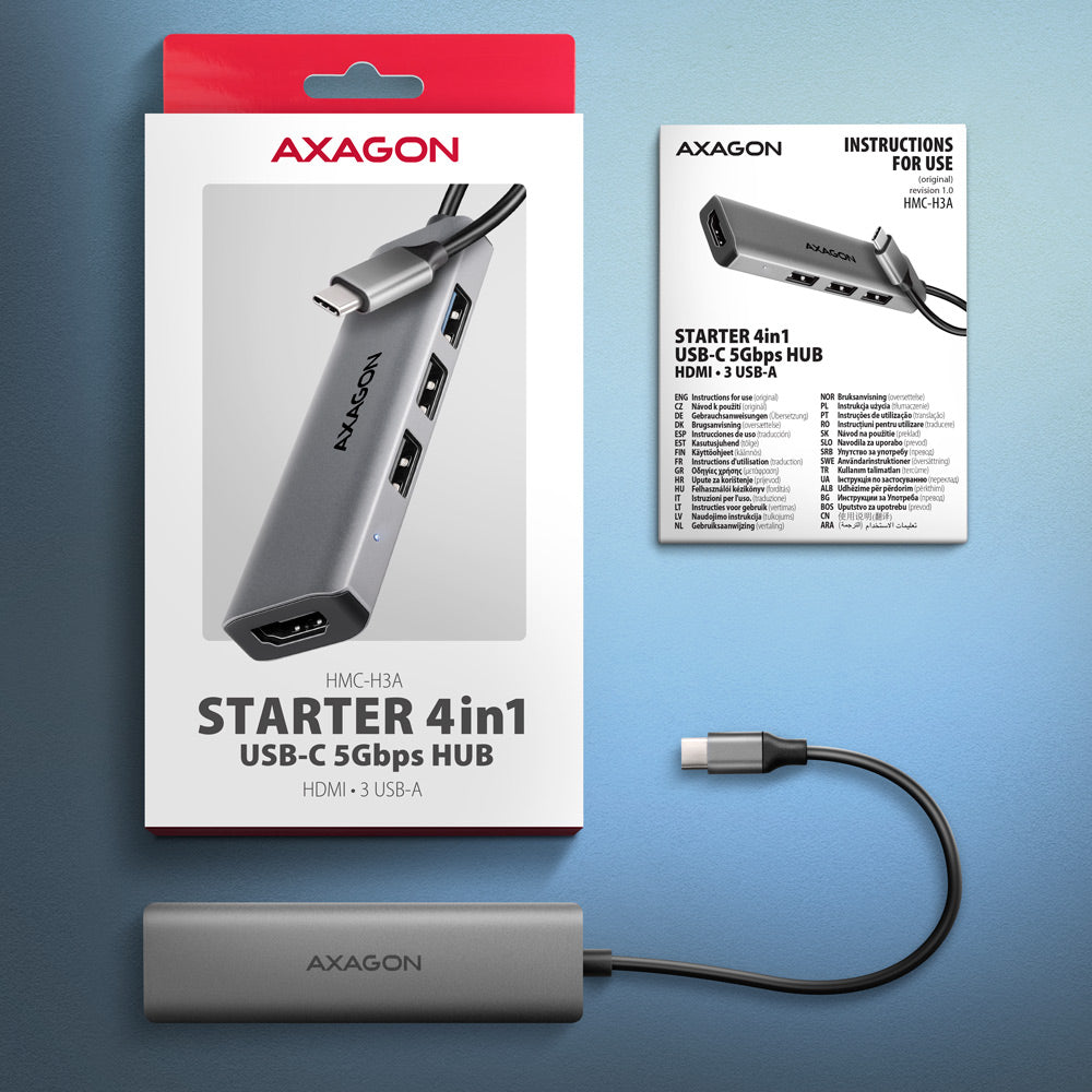 Station d'accueil Axagon HMC-H3A USB 3.2 Gen 1 Type-C, Argent