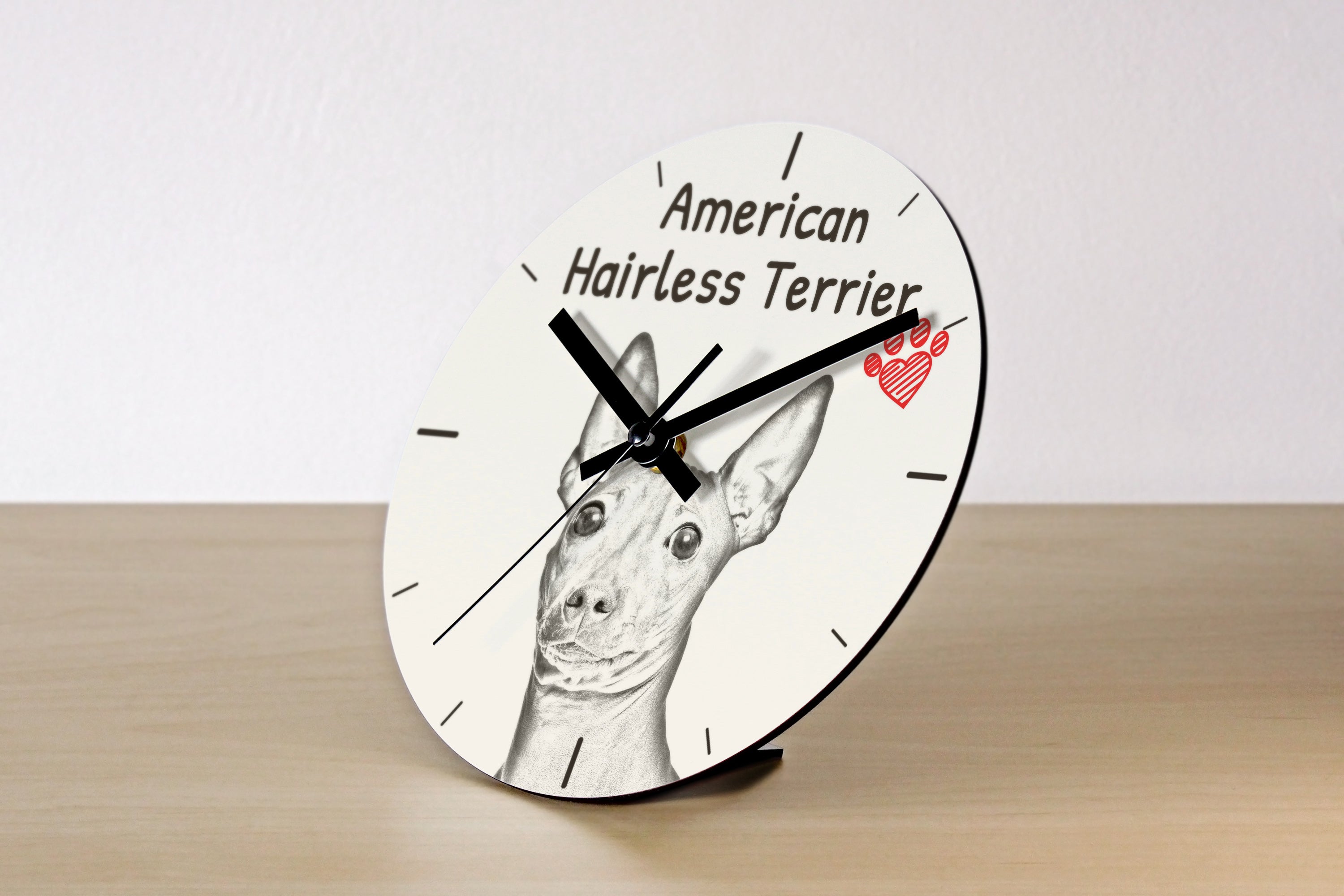 American Hairless Terrier - wall clock with a dog, shelf clock with a print, personalized home decoration from the Art-Dog brand