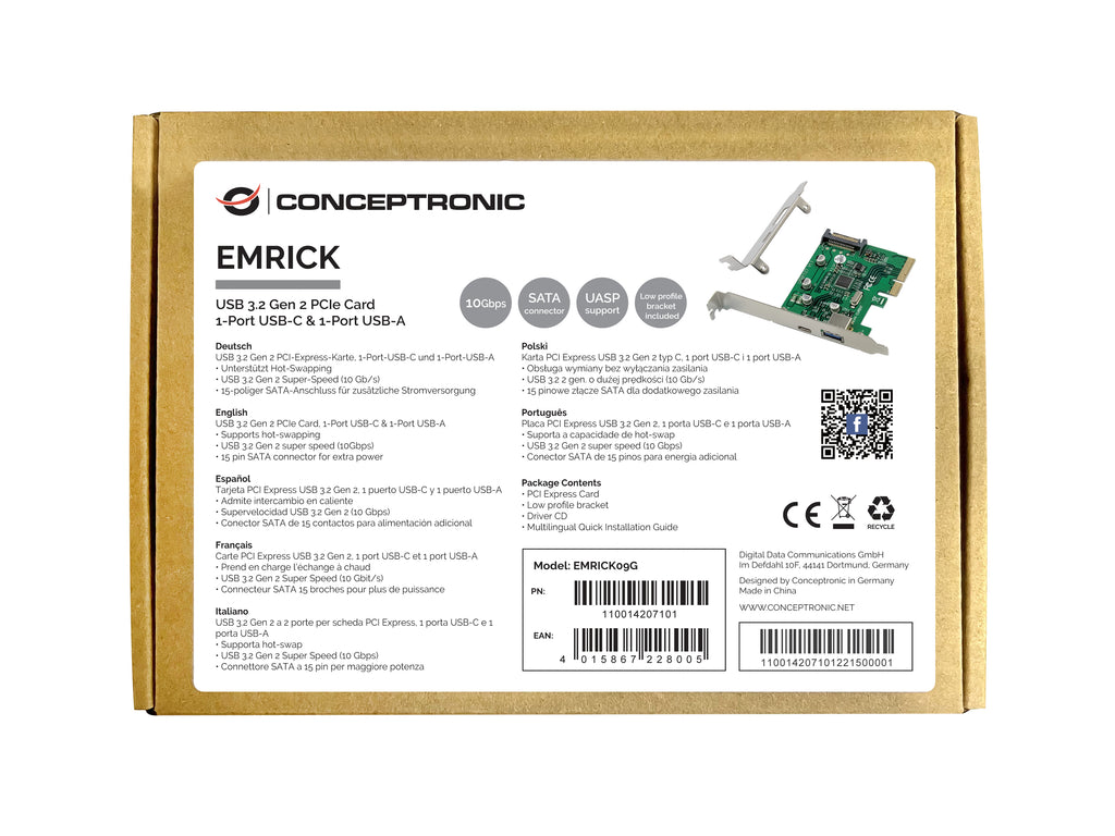 Conceptronic EMRICK09G Carte Adaptateur Interne USB 3.2 Gen 2 (3.1 Gen 2) PCIe
