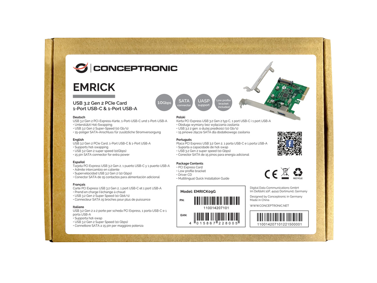 Conceptronic EMRICK09G Carte Adaptateur Interne USB 3.2 Gen 2 (3.1 Gen 2) PCIe