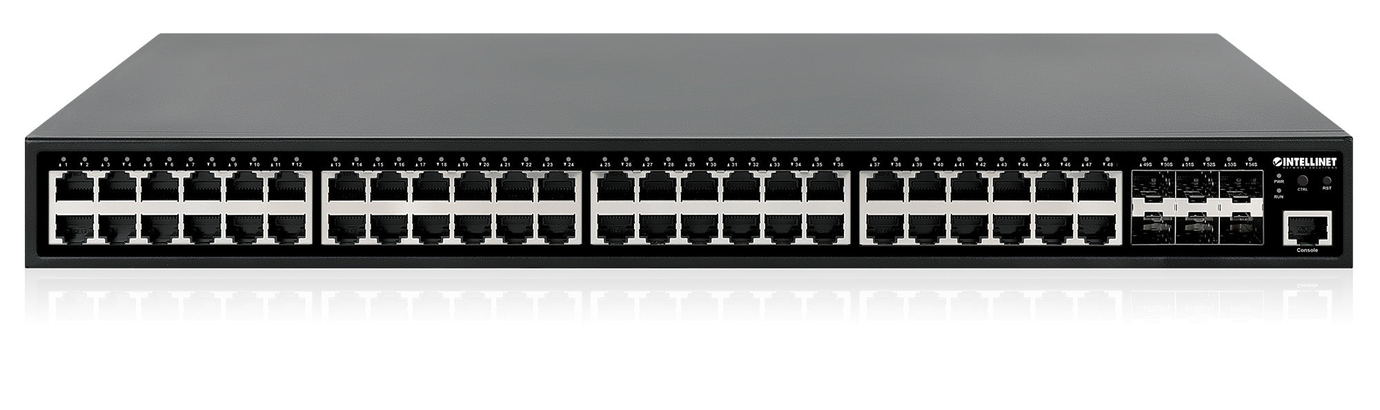 Intellinet Commutateur réseau (switch) PoE+ Gigabit 48 ports administrable L2+ avec 6 liaisons montantes SFP+ 10G, IEEE 802.3at/af, budget PoE 450 W, rack 19", garantie de 3 ans