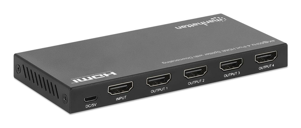 Manhattan Splitter HDMI 4 ports avec downscaling, 4K@60 Hz, distribue 1 entrée HDMI vers 4 sorties (même signal), bouton de conversion 4K vers 1080p, inclut câble Micro-USB vers USB-A (0,8 m), noir - vue 5