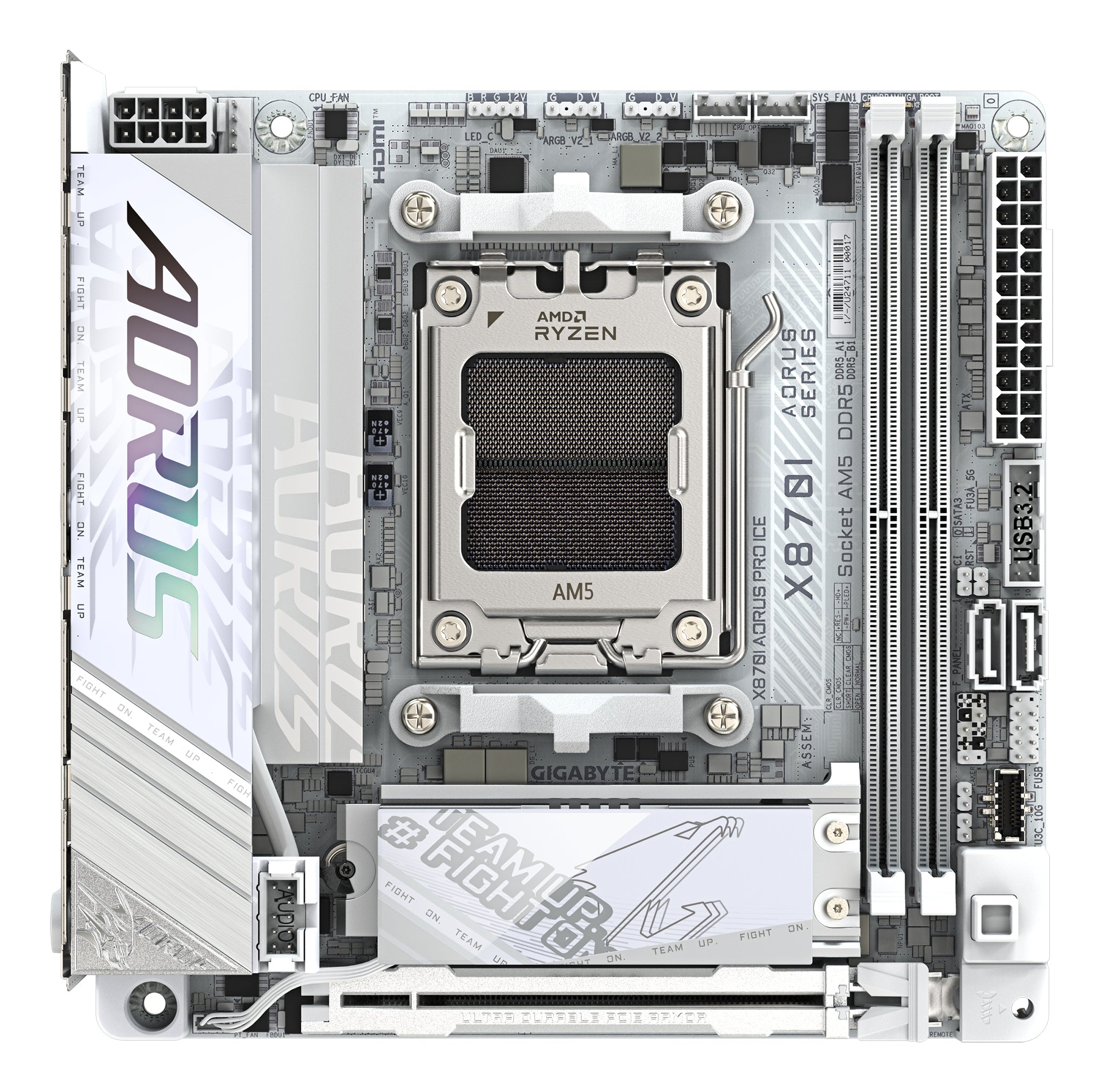 GIGABYTE X870I AORUS PRO ICE Carte mère - Compatible avec les processeurs AMD Ryzen série 9000, VRM 8+2+1 phases, jusqu'à 8400 MHz DDR5 (OC), 1xPCIe 5.0 M.2 + 1xPCIe 4.0 M.2, WI-FI 7, LAN 2,5 GbE, USB 4