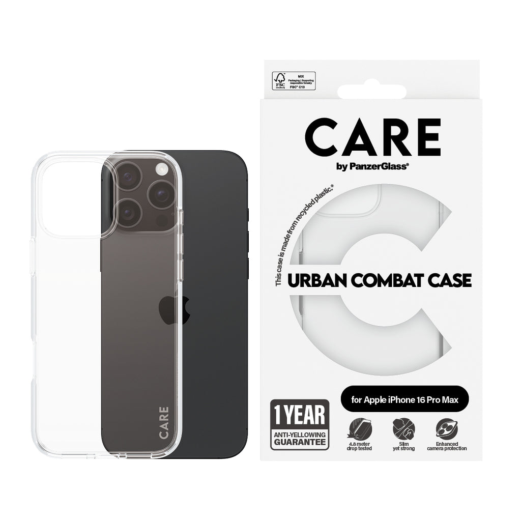 PanzerGlass CARE Urban Combat Case Transparent pour iPhone 16 Pro Max, Coque de Protection