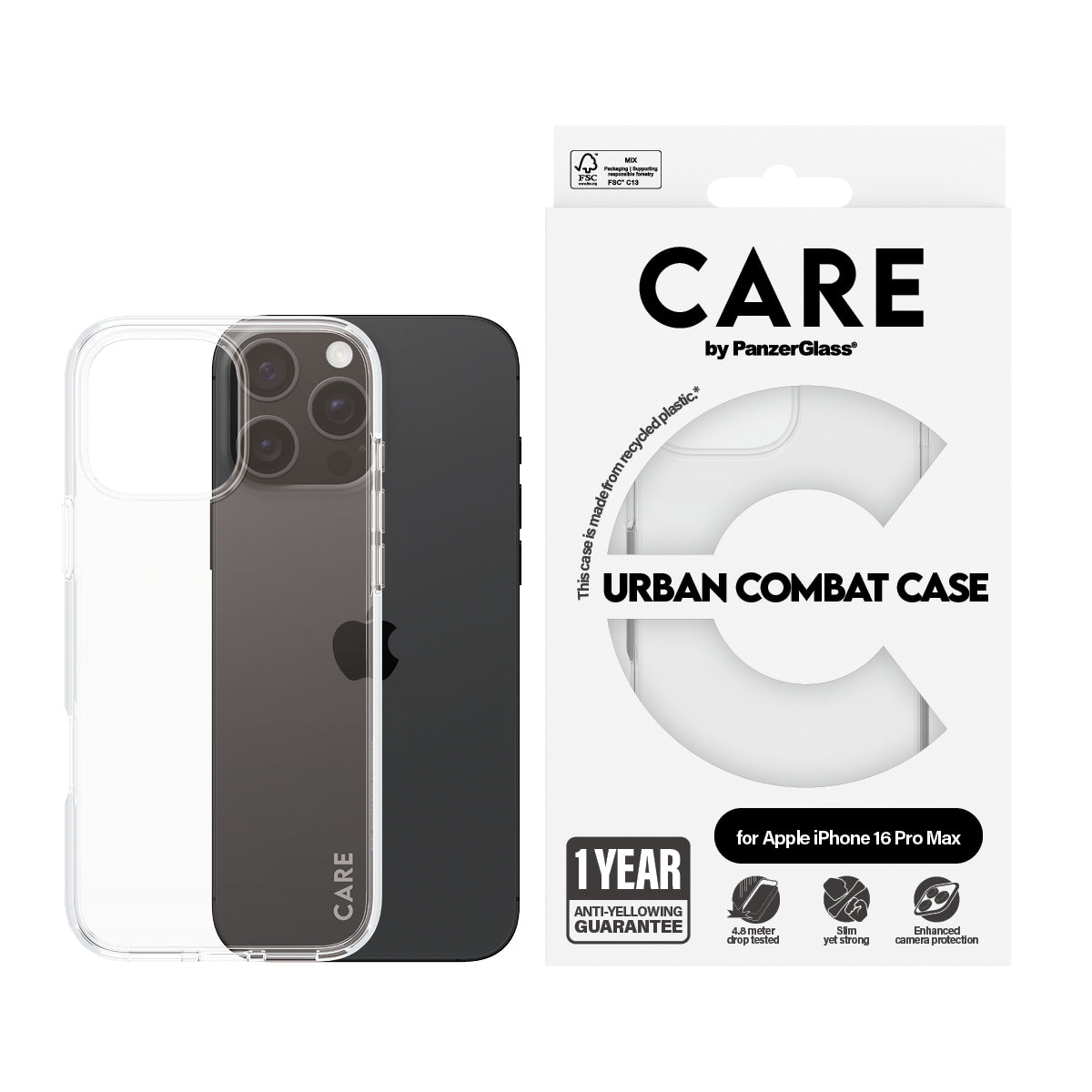 PanzerGlass CARE Urban Combat Case Transparent pour iPhone 16 Pro Max, Coque de Protection