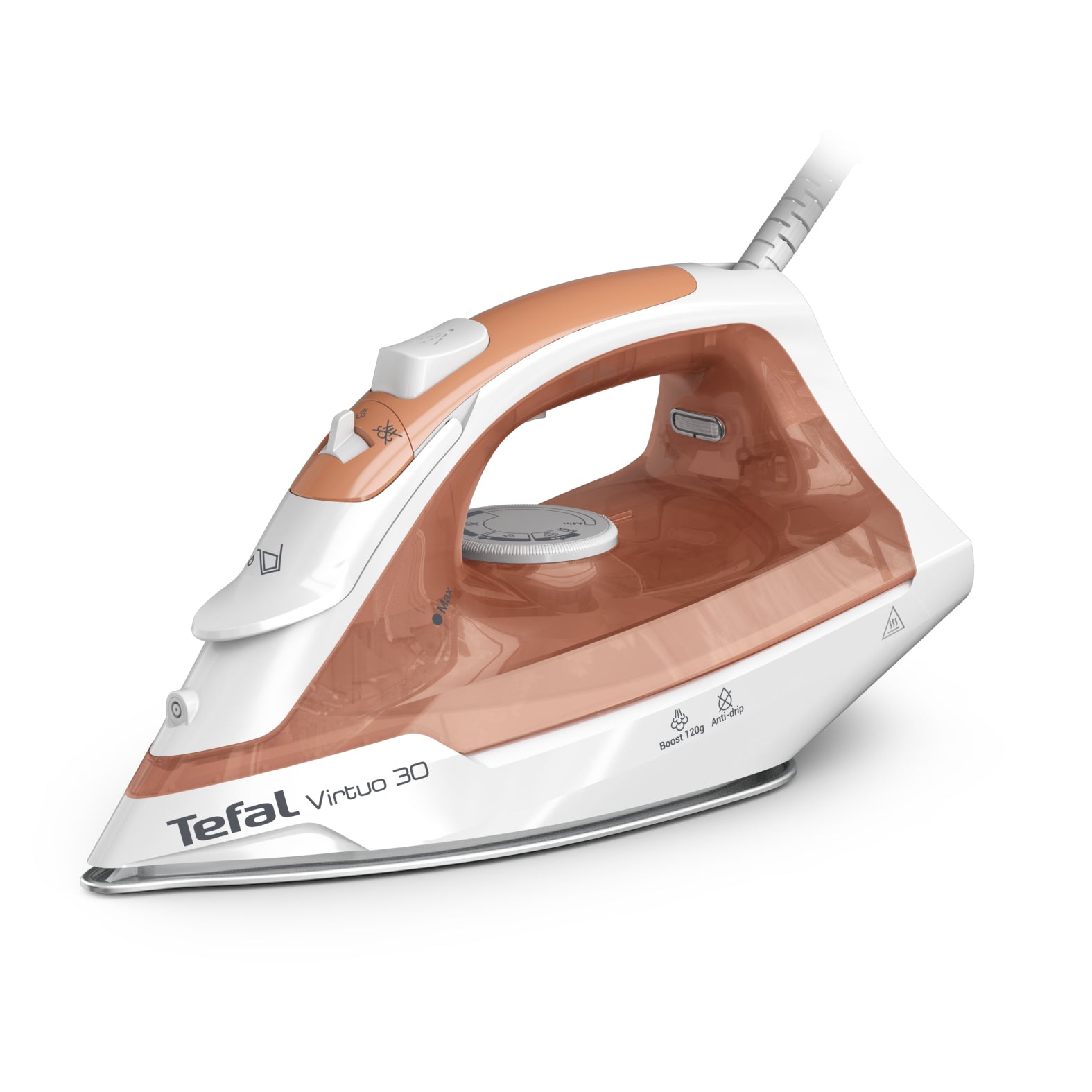 Tefal Virtuo 30 FV2C40E0 fer à repasser Fer à repasser à sec ou à vapeur Semelle en céramique 2000 W Pêche, Blanc