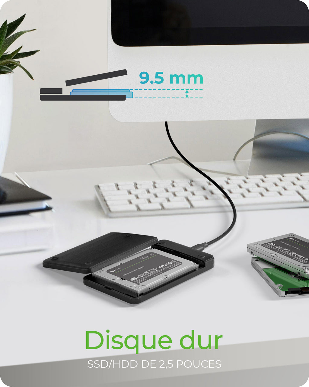 ICY BOX IB-201T-CU31, ext. 2.5" SATA Gehäuse, USB 3.2 Gen 2 bis zu 10 Gbit/s, Werkzeuglos, Kunststoff, schwarz