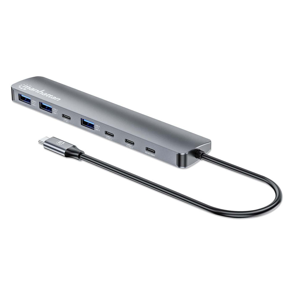Manhattan Dock/hub USB-C, 7 ports : 3x USB-A + 4x USB-C, Pavec Power Delivery (PD) 100 W - nécessite un chargeur USB-C externe (non inclus). Alimenté par USB (aucune alimentation externe requise) lorsque le PD n’est pas utilisé, aluminium - vue 3