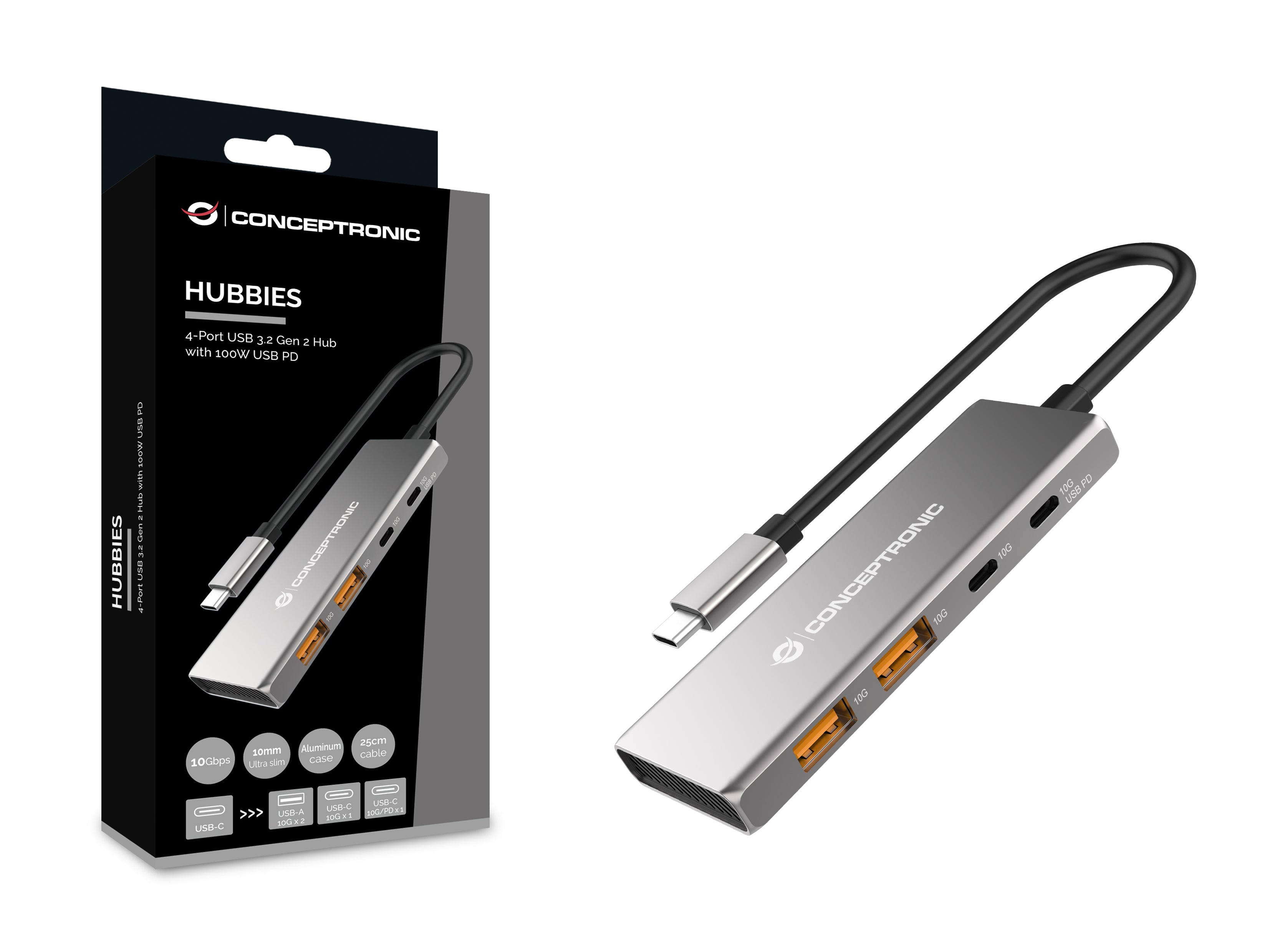 Conceptronic HUBBIES15G hub & concentrateur USB 3.2 Gen 2 (3.1 Gen 2) Type-C 10000 Mbit/s Gris