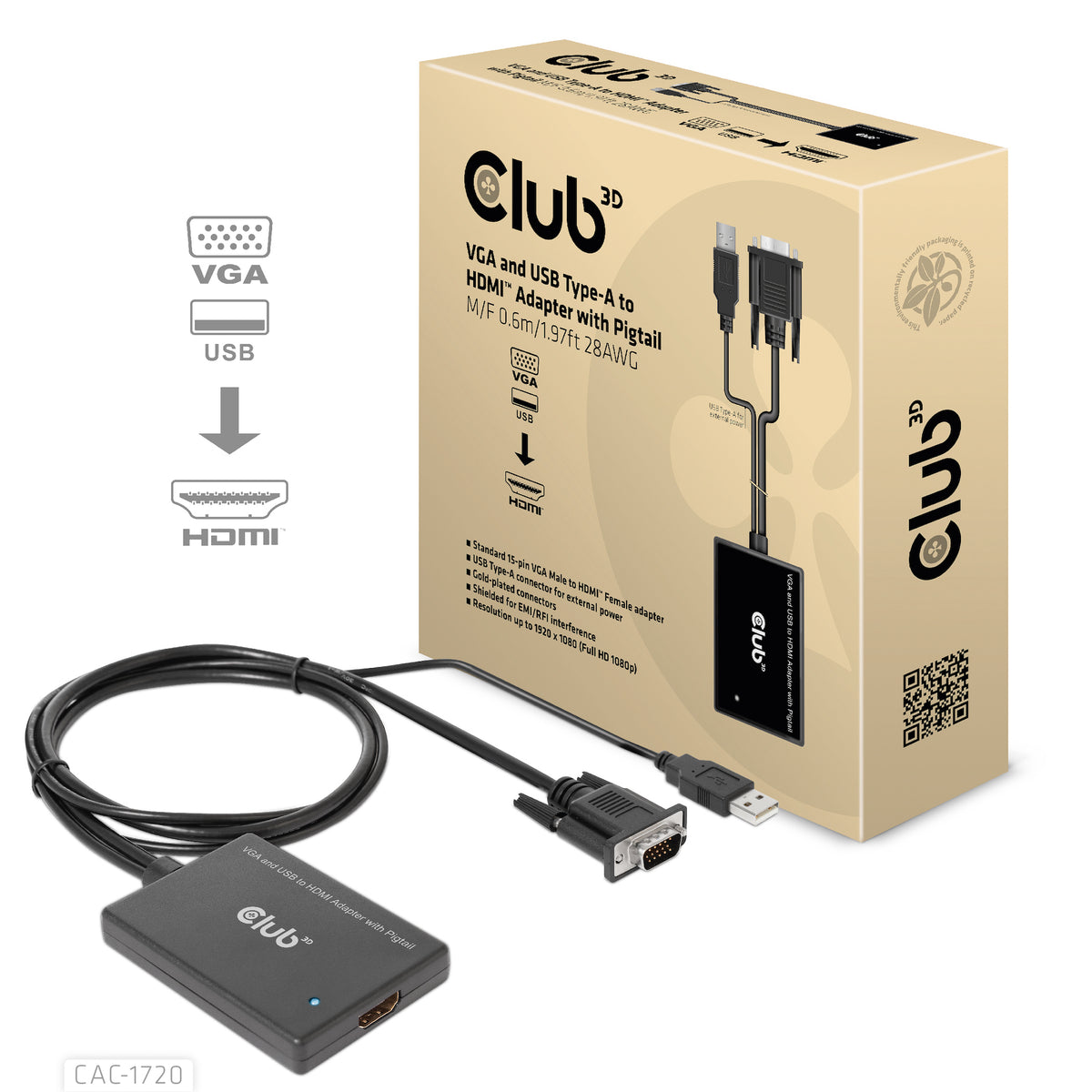CLUB3D CAC-1720 Adaptateur Câble HDMI vers VGA avec USB, 0,6 m, Noir