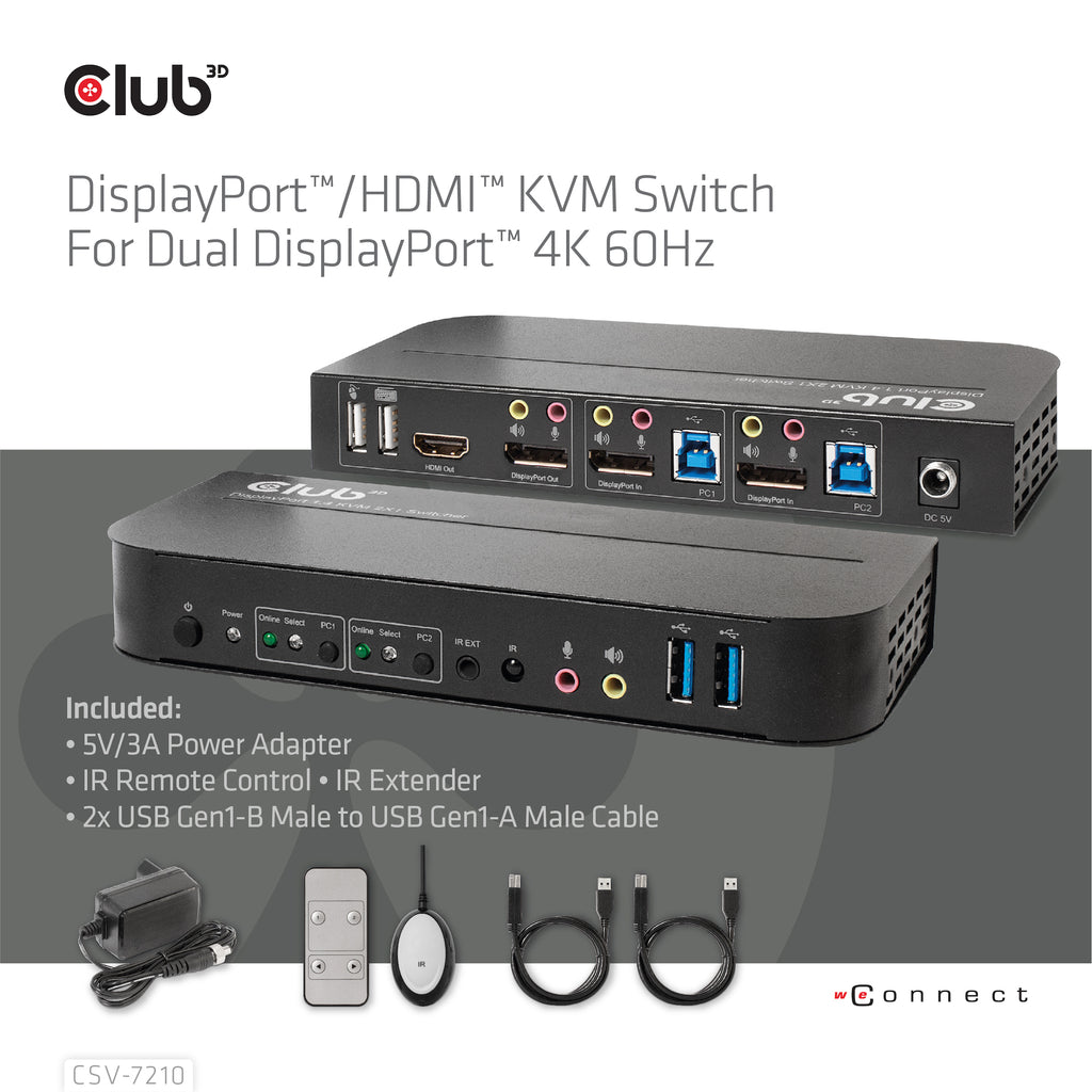 CLUB3D CSV-7210 Commutateur KVM Écran, Clavier et Souris, 4K Ultra HD, Noir