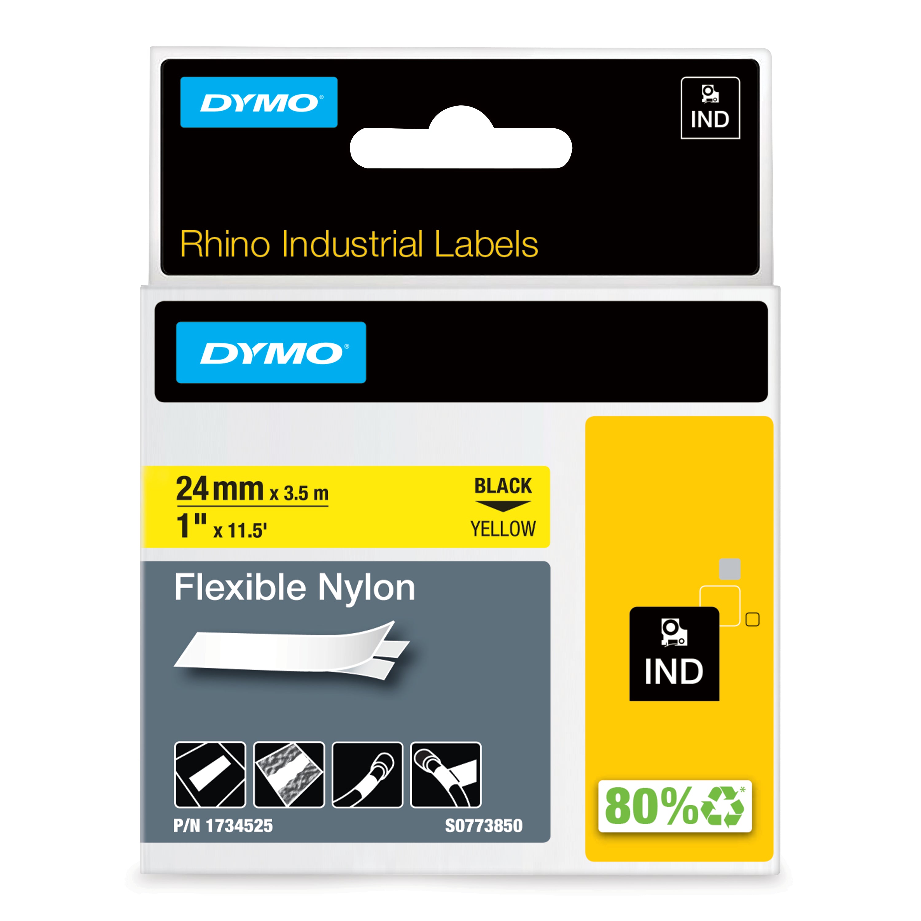DYMO Rhino Étiquettes industrielles | Nylon flexible | rouleau de 24 mm x 3,5 m | autocollantes impression en noir sur fond jaune | pour étiqueteuses Rhino et LabelManager