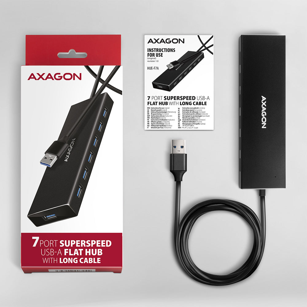 Axagon HUE-F7A Hub USB 3.2 Gen 1, 7 Ports, Aluminium Flat, Noir