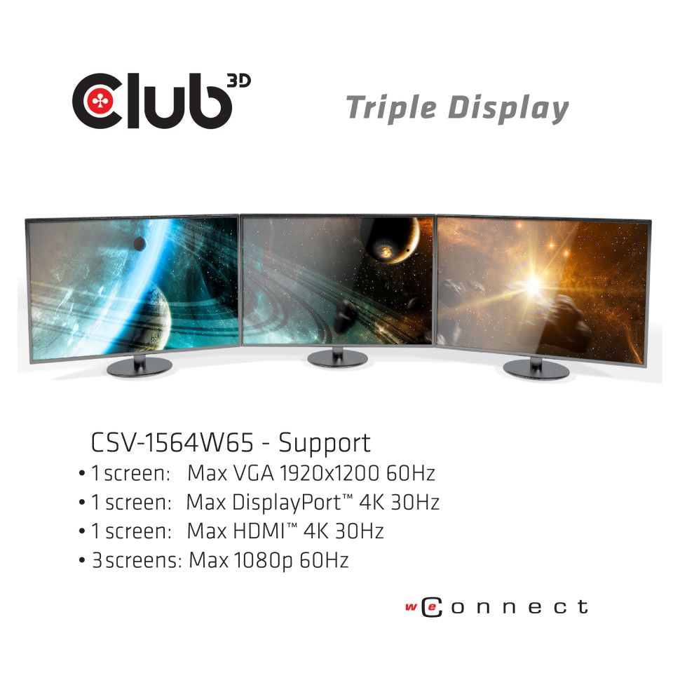 CLUB3D CSV-1564W65 Station d'accueil USB 3.2 Gen 1 Type-C, 4K Ultra HD, Noir