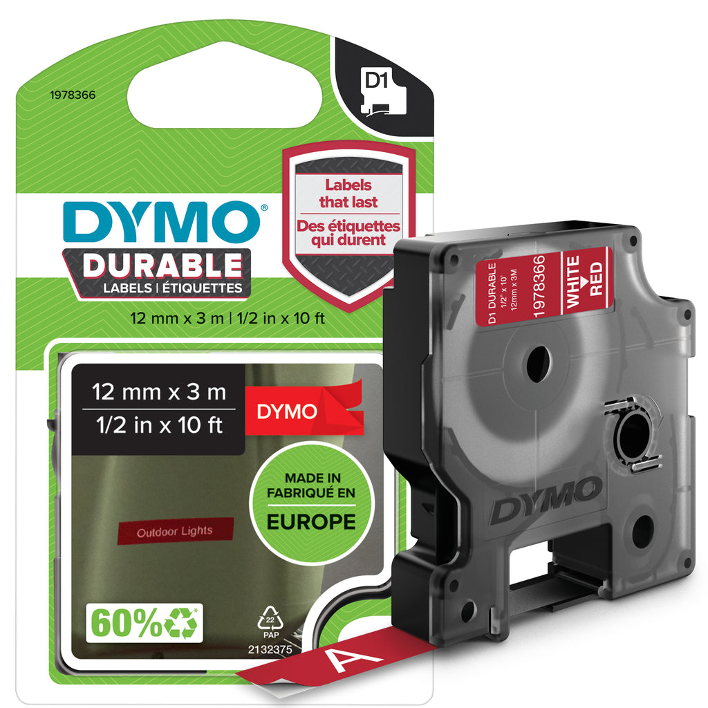 DYMO D1 Étiquettes résistantes | 12mm x 3m | impression en blanc sur fond rouge | autocollantes étiquettes authentiques pour étiqueteuses LabelManager