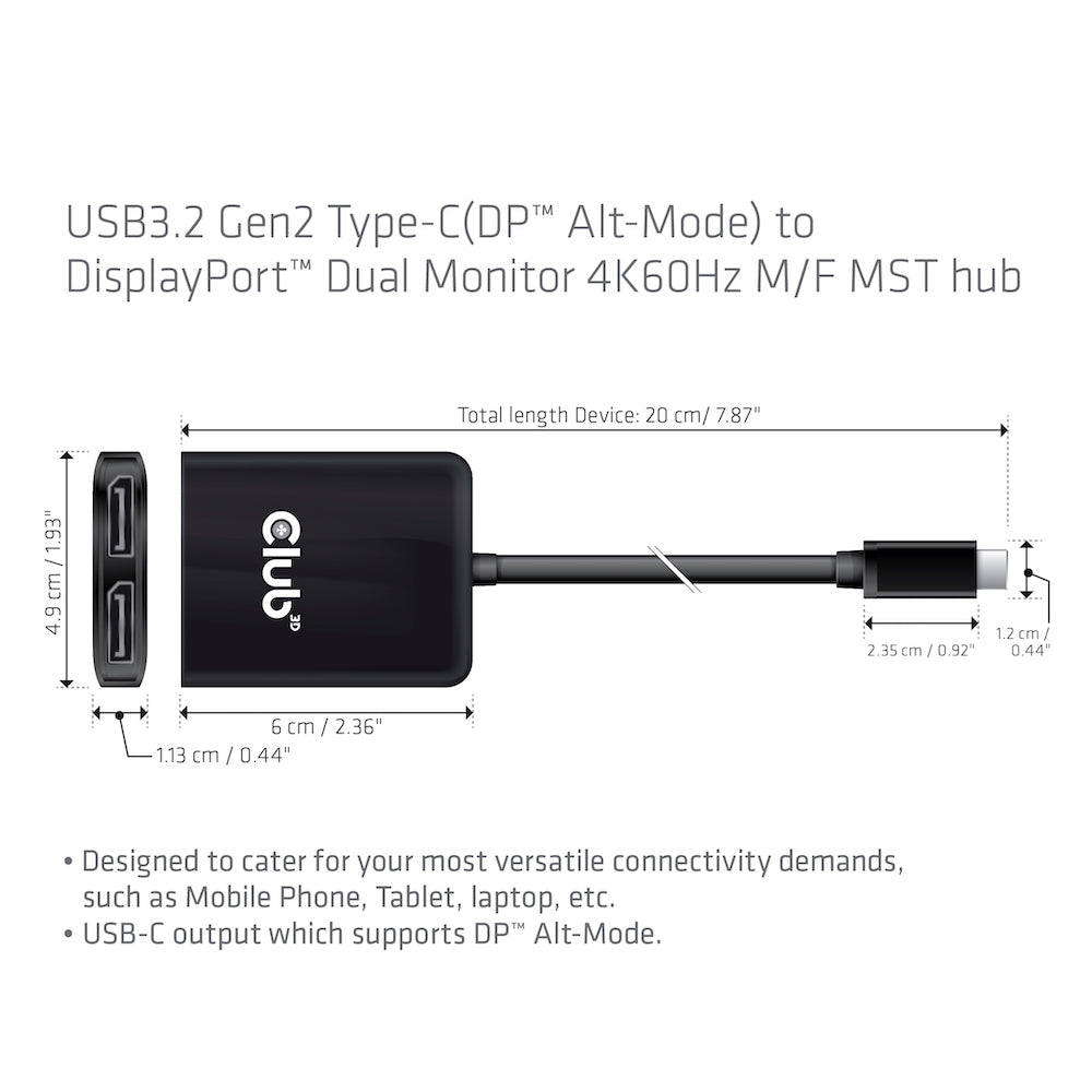 CLUB3D CSV-1555 Câble Adaptateur USB Type-C vers 2 x DisplayPort, 1,5 m, Noir