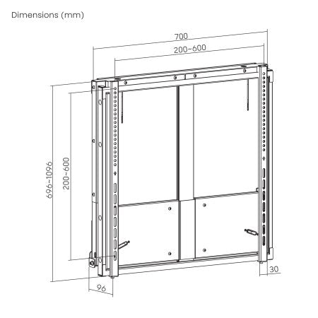 Manhattan Support mural pour téléviseurs et moniteurs de 55 à 75 pouces, hauteur réglable sans outil, VESA 200x200 à 600x600 mm, charge max. 65 kg, noir, vérifiez les quatre trous de montage au dos de l’écran - vue 6