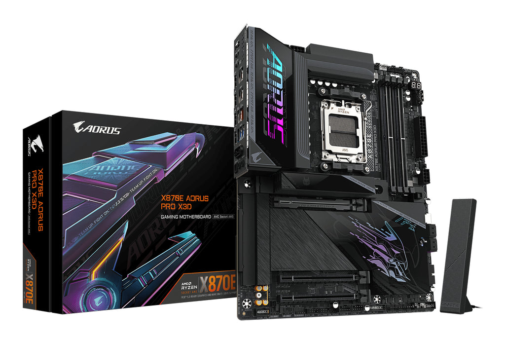 GIGABYTE X870E AORUS PRO X3D Carte Mère - Prend en charge les processeurs AMD Ryzen 9000, VRM numérique 18+2+2 phases, jusqu’à 9000MHz DDR5 (O.C.), 2xPCIe 5.0 + 2xPCIe 4.0, Wi-Fi 7, LAN 5GbE, USB 4