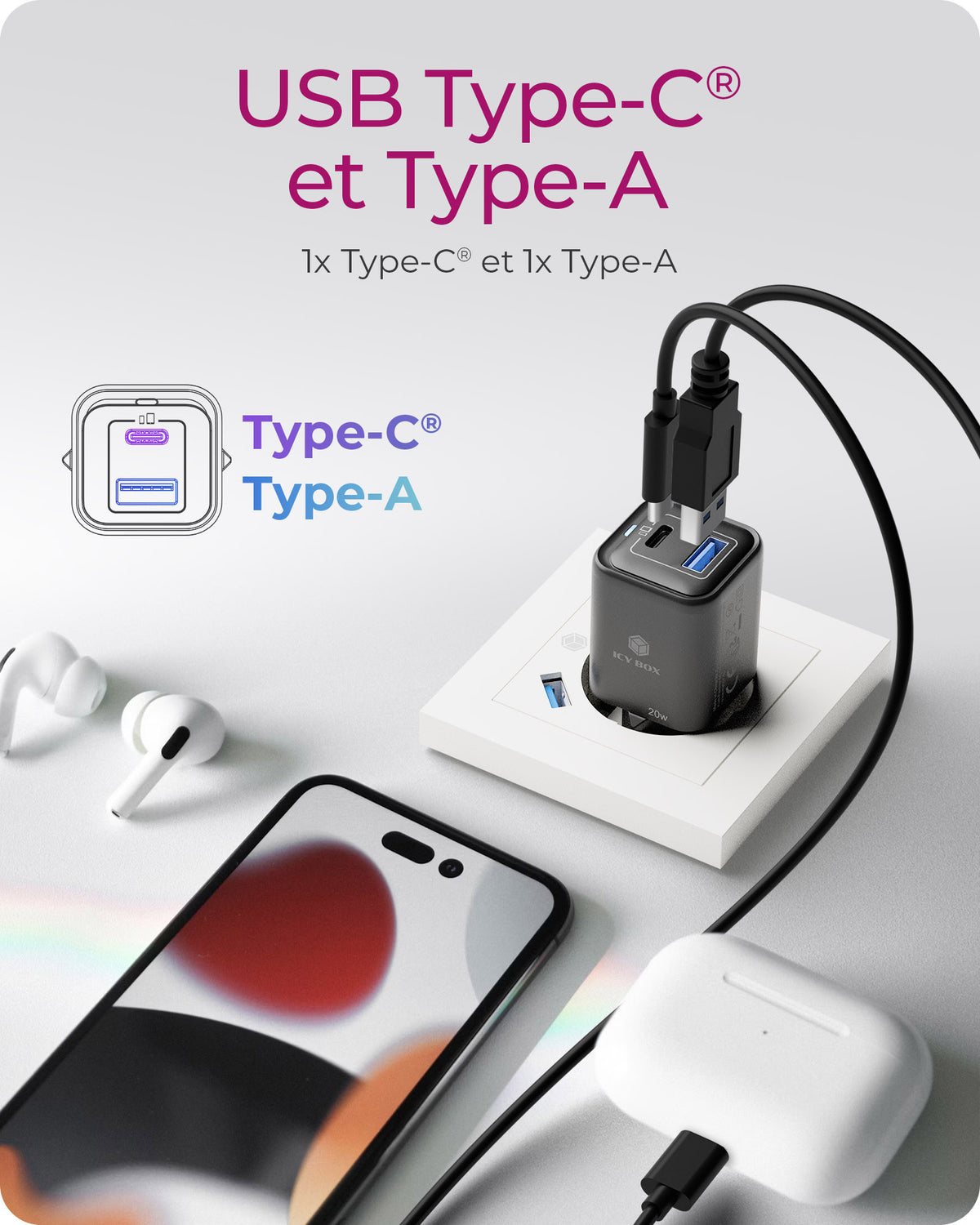 ICY BOX IB-PS1020-PD Universel Noir Secteur Charge rapide Intérieure