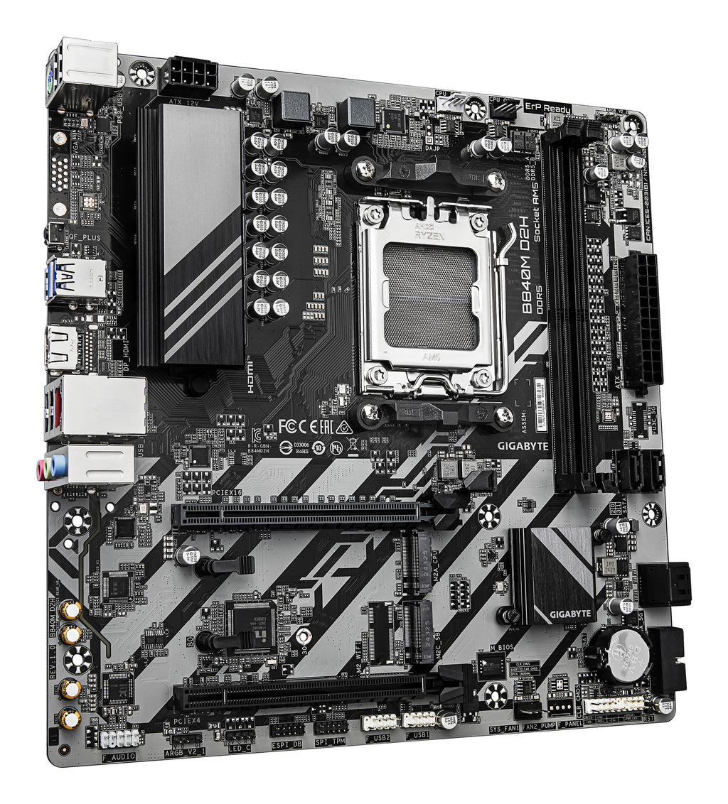 GIGABYTE B840M D2H Carte mère - Processeurs AMD Ryzen 9000, VRM 5+2+2 phases, jusqu'à 7600 MHz DDR5, 1xPCIe 4.0 + 1xPCIe 3.0 M.2, LAN 2.5GbE, USB 3.2 Gen 1