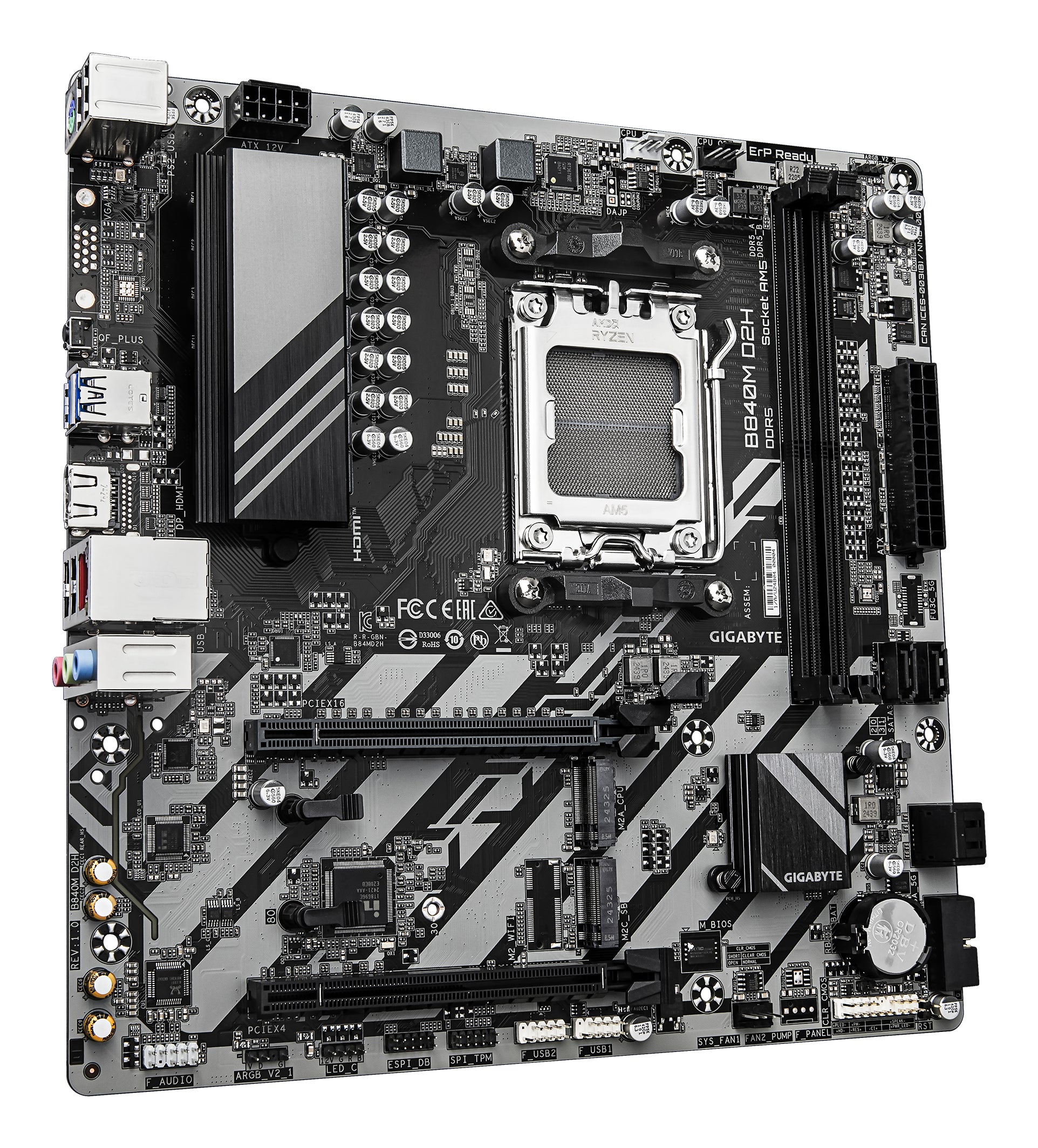 GIGABYTE B840M D2H Carte mère - Processeurs AMD Ryzen 9000, VRM 5+2+2 phases, jusqu'à 7600 MHz DDR5, 1xPCIe 4.0 + 1xPCIe 3.0 M.2, LAN 2.5GbE, USB 3.2 Gen 1
