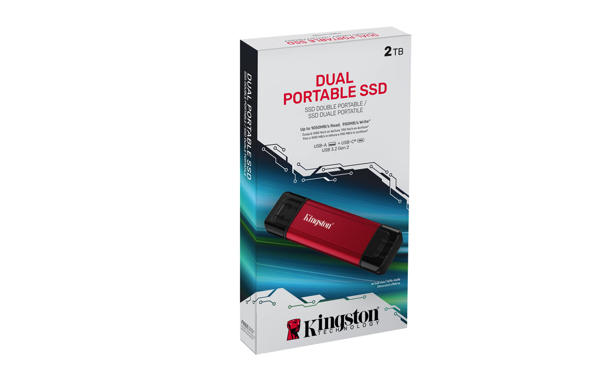 Kingston Technology SSD Portable 2To Dual USB-A/C, jusqu'à 1050 Mo/s, USB 3.2 Gen 2