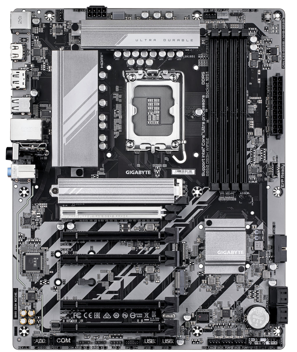 GIGABYTE B860 DS3H WIFI6E Carte mère - Processeurs Intel Core Ultra, VRM 8+1+2+2 phases, jusqu'à 9066MHz DDR5, 1xPCIe 5.0 + 1xPCIe 4.0 M.2, LAN 2,5 GbE, WIFI 6E, USB 3.2 Gen 2x2