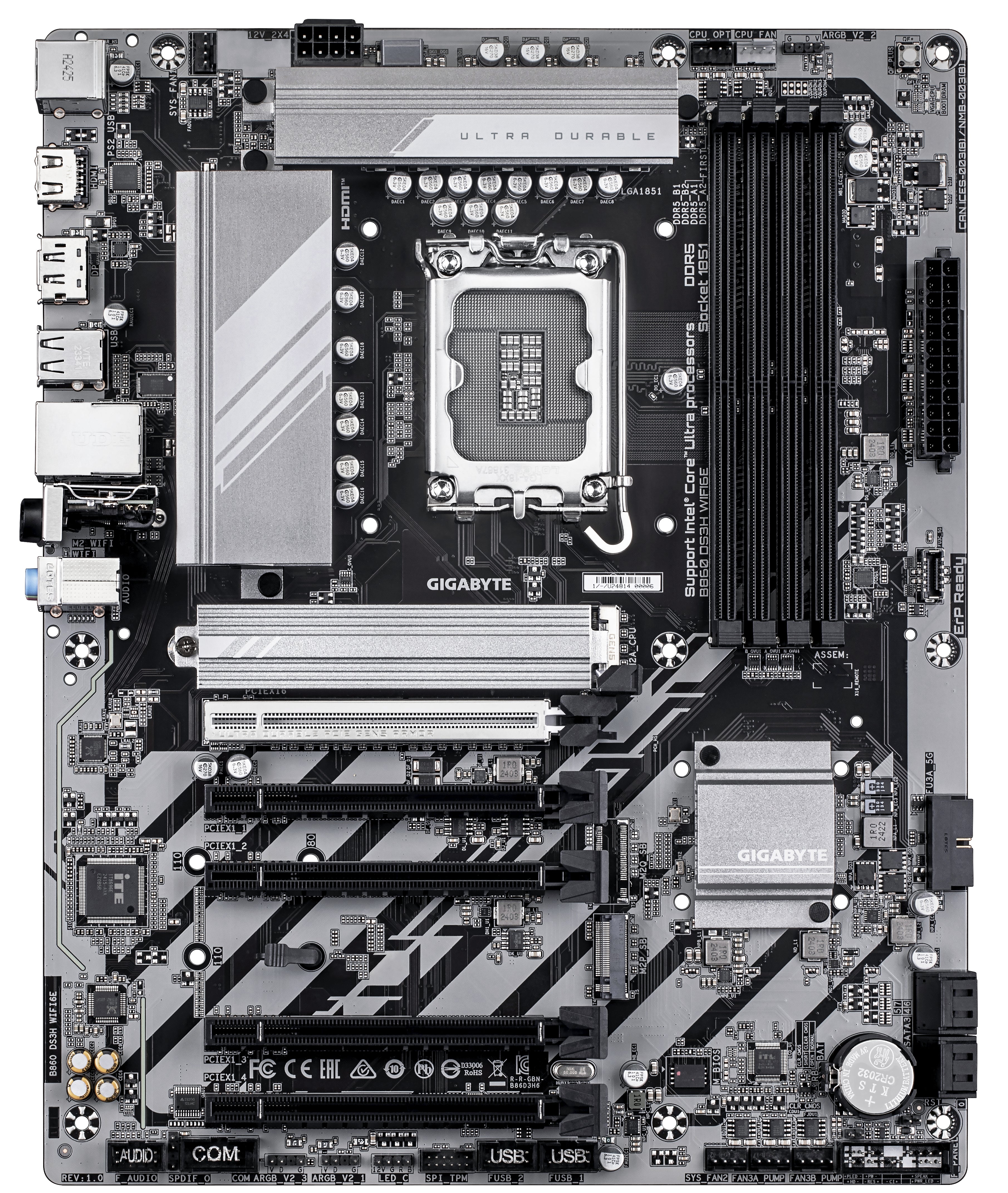 GIGABYTE B860 DS3H WIFI6E Carte mère - Processeurs Intel Core Ultra, VRM 8+1+2+2 phases, jusqu'à 9066MHz DDR5, 1xPCIe 5.0 + 1xPCIe 4.0 M.2, LAN 2,5 GbE, WIFI 6E, USB 3.2 Gen 2x2