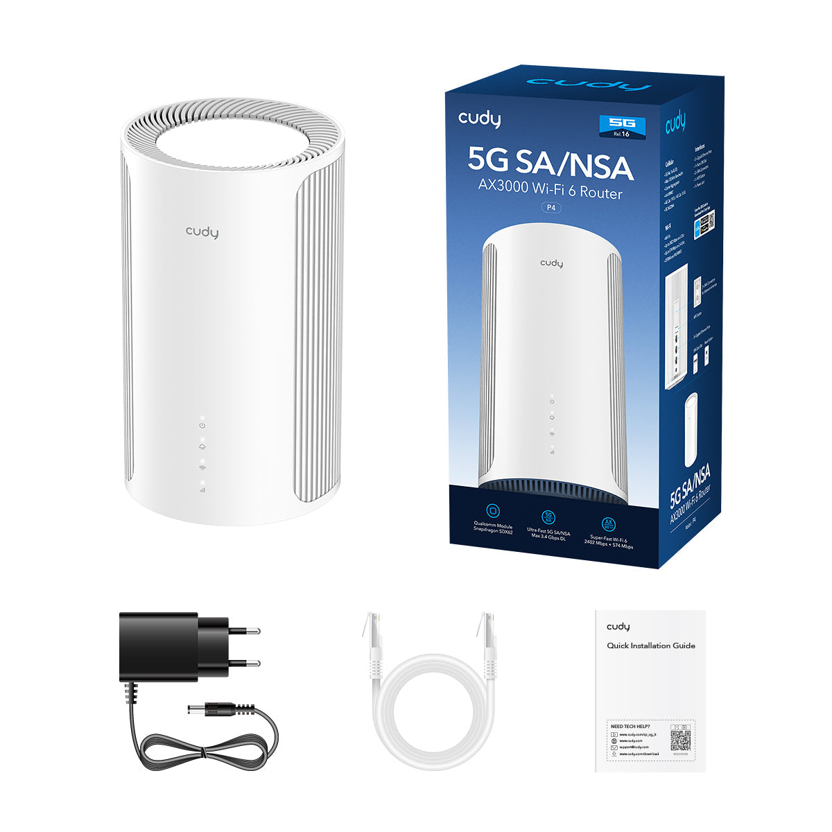 Cudy 5G SA/NSA AX3000 Wi-Fi 6 Router, P4 1.0 routeur sans fil Gigabit Ethernet Bi-bande (2,4 GHz / 5 GHz) Blanc