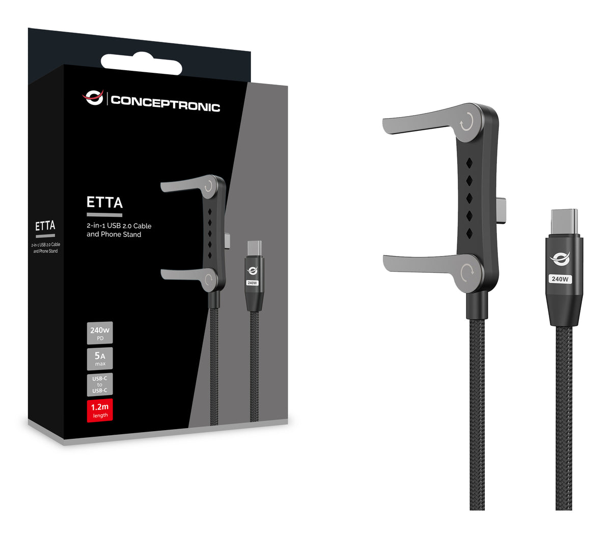Conceptronic ETTA13B12 câble USB USB 2.0 1,2 m USB C 0,48 Gbit/s 240 W Noir