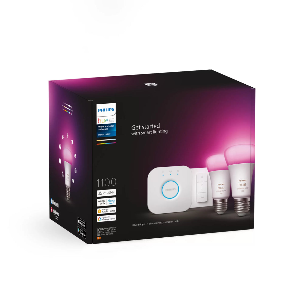 Philips Hue White and Color ambiance Kit de démarrage : 2 ampoules connectées E27 (1100) + variateur