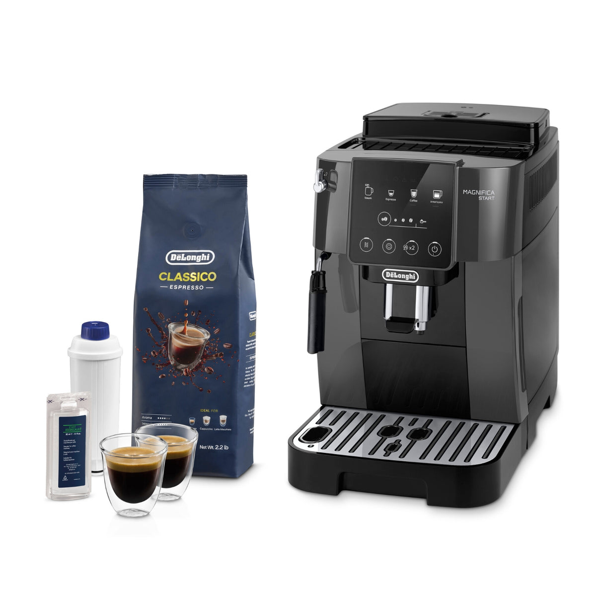 Delonghi Machine à café avec broyeur Magnifica Start ECAM220.29 + 1 kg de café grains + tasses + cartouche filtrante + détartrants EcoDecalk