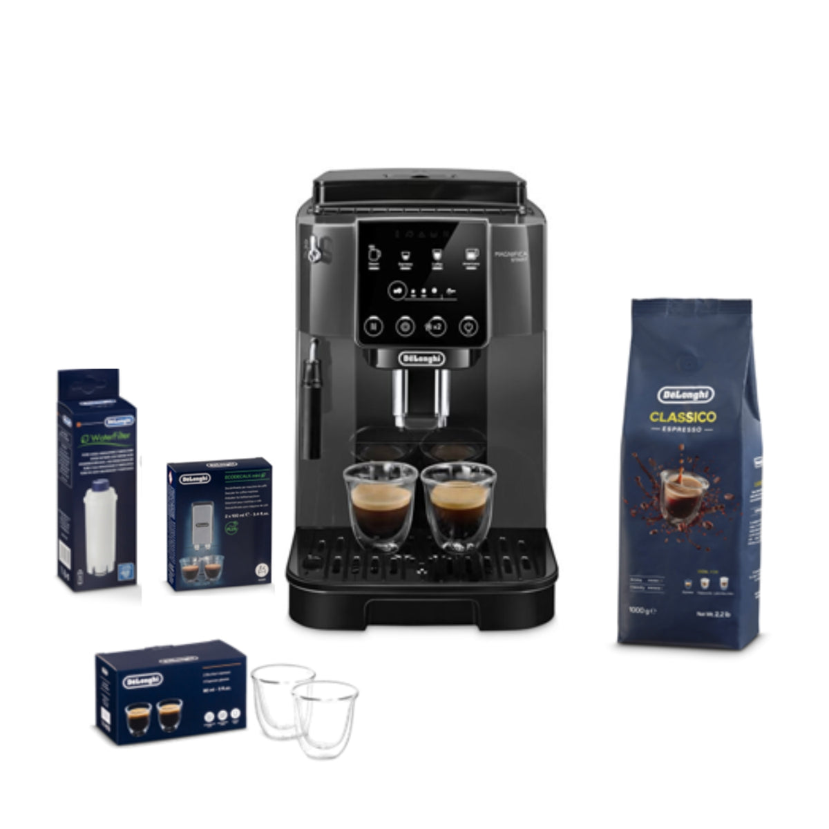 Delonghi Machine à café avec broyeur Magnifica Start ECAM220.29 + 1 kg de café grains + tasses + cartouche filtrante + détartrants EcoDecalk