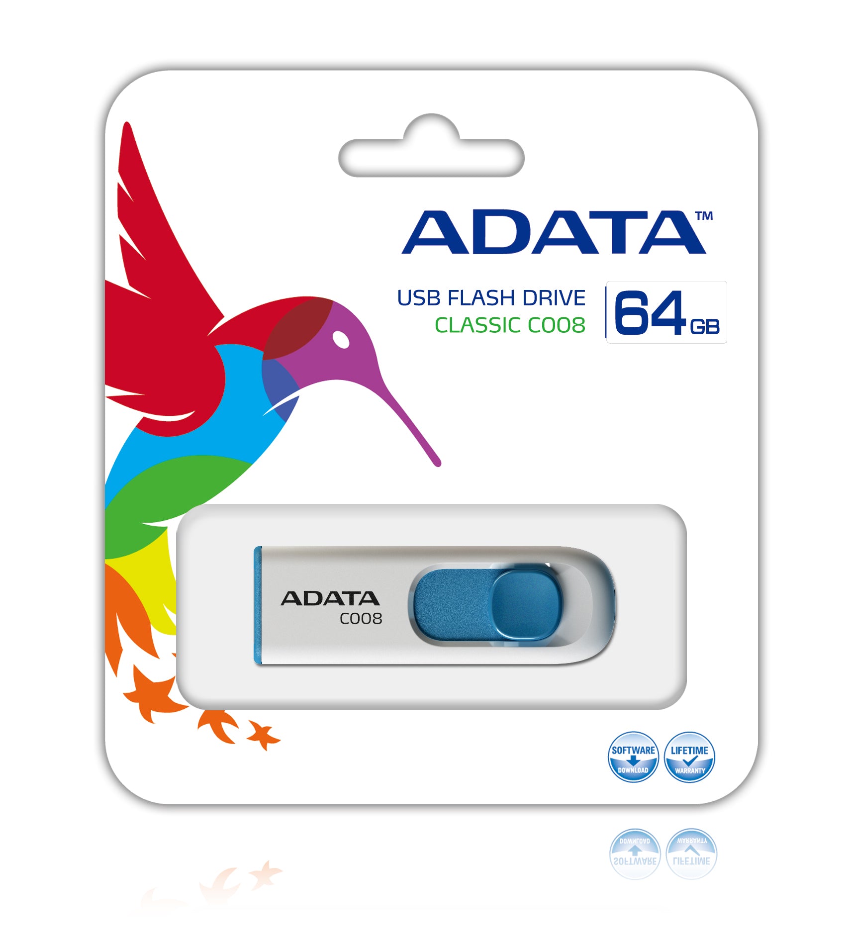 ADATA 64GB C008 lecteur USB flash 64 Go USB Type-A 2.0 Bleu, Blanc